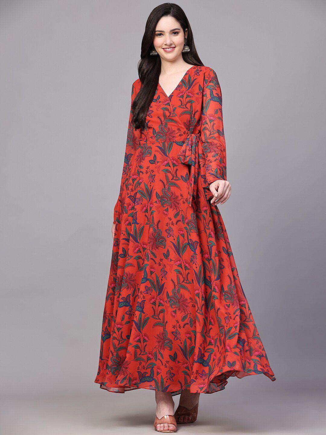 black scissor floral printed v-neck georgette wrap maxi dress