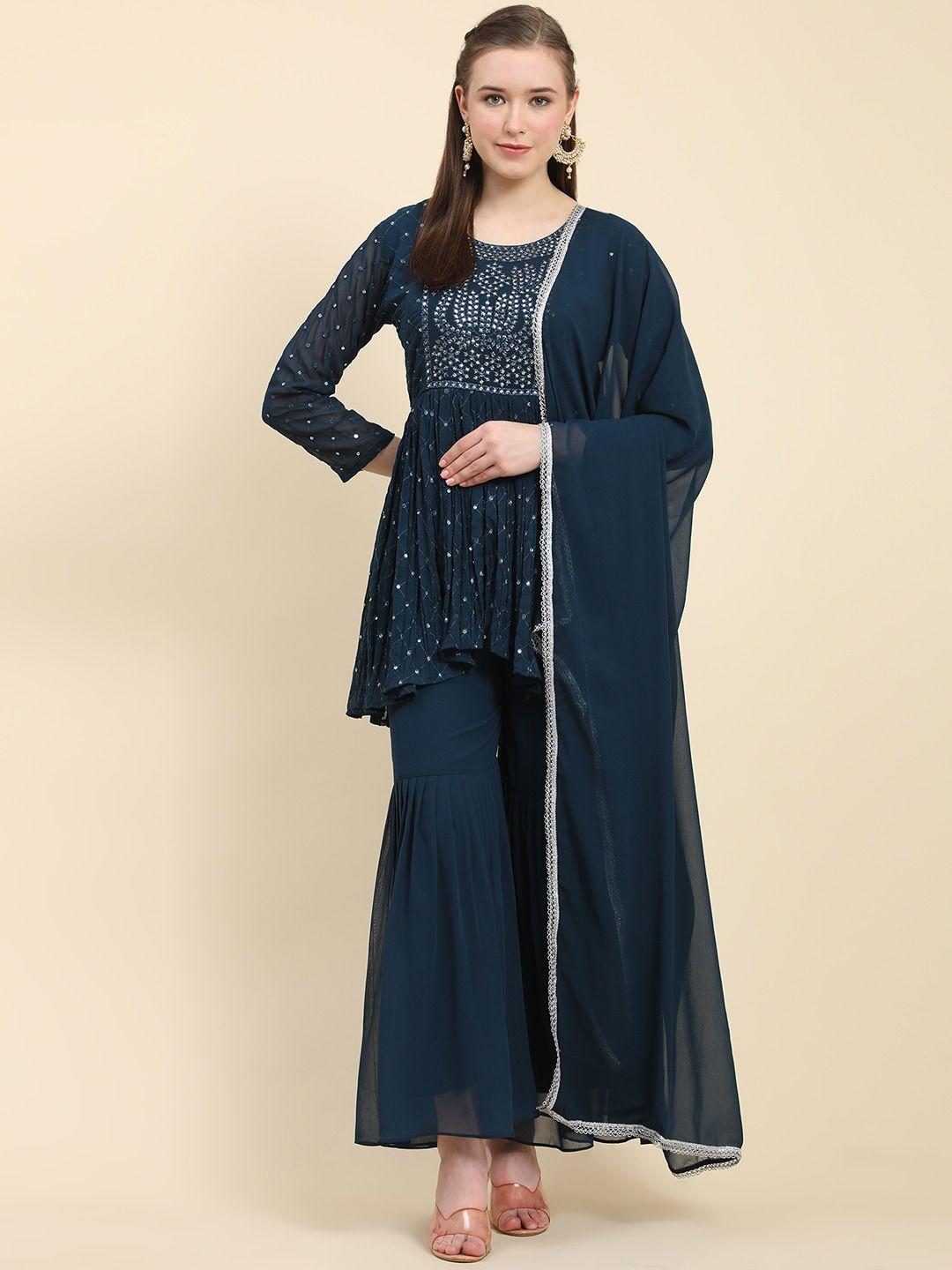 black scissor geometric embroidered regular mirror work kurti with sharara & dupatta