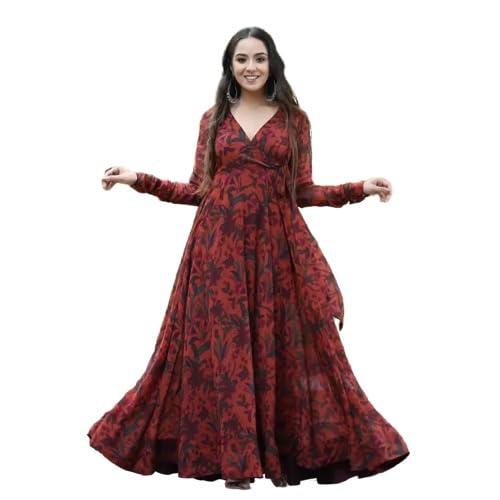 black scissor orange coloured printed georgette stitched flared/a-line gown for woman||angrakhaa dress||