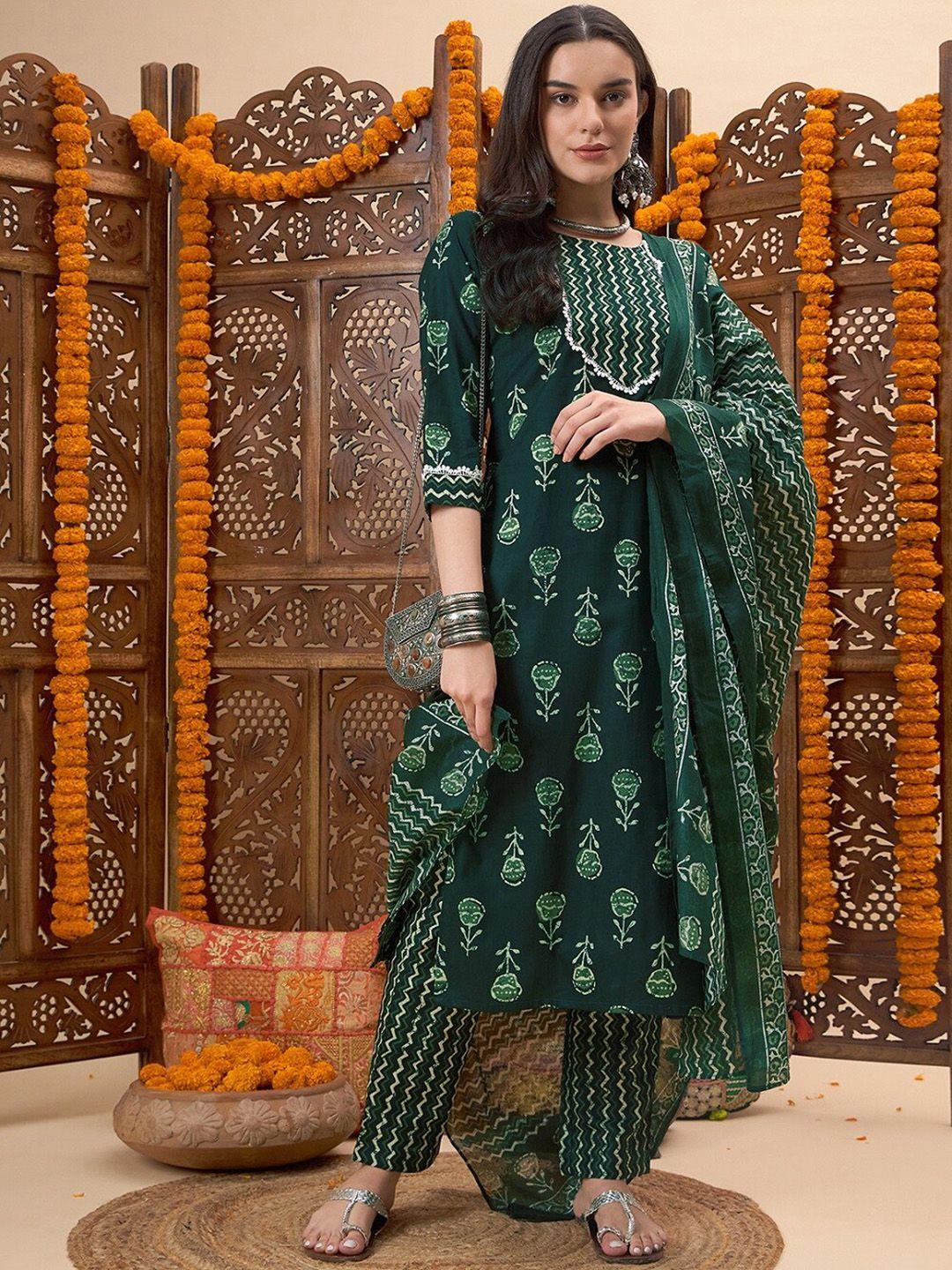 black scissor women green printed pure cotton kurta with trousers & with dupatta