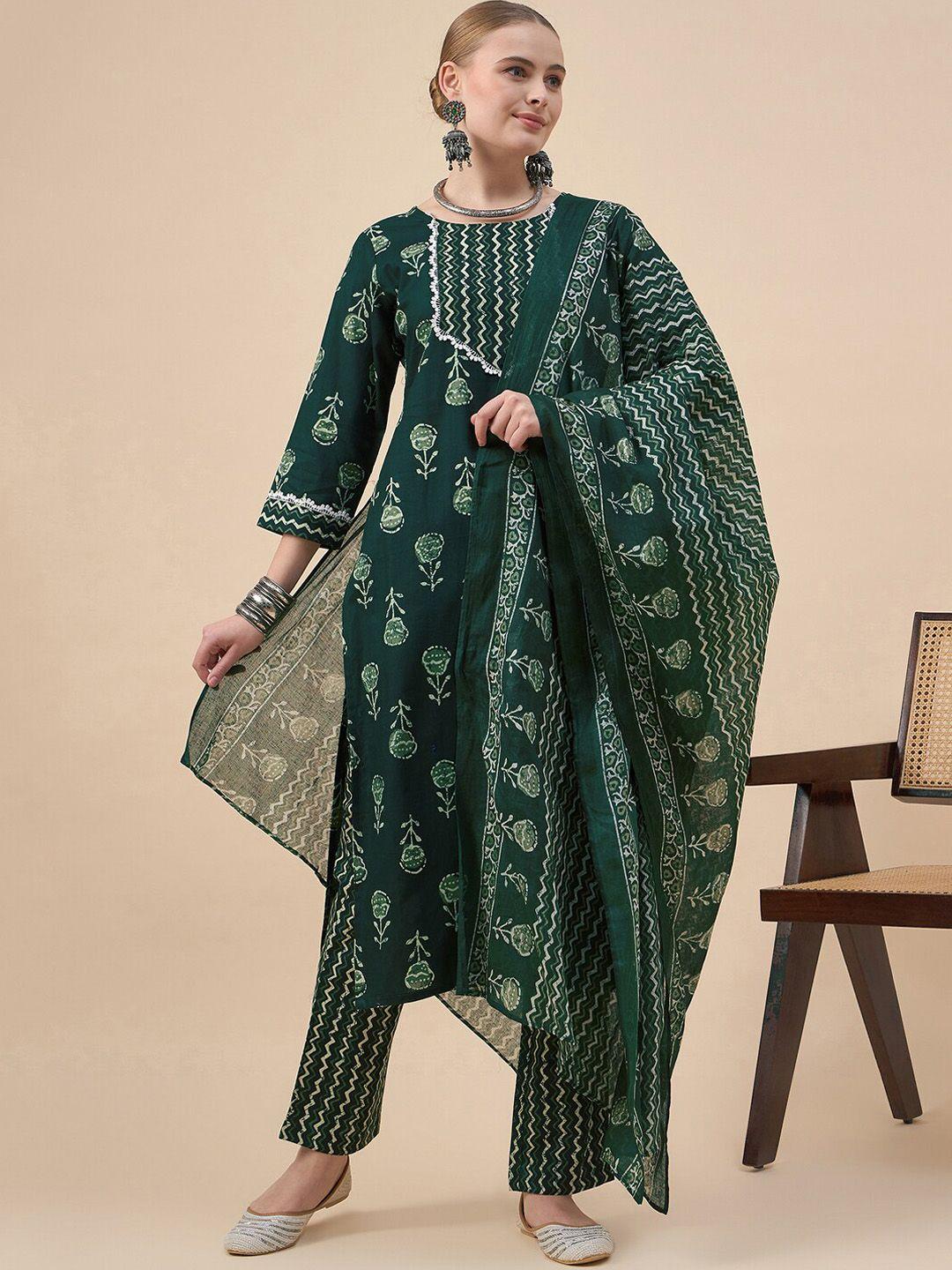 black scissor women green printed pure cotton kurta with trousers & with dupatta