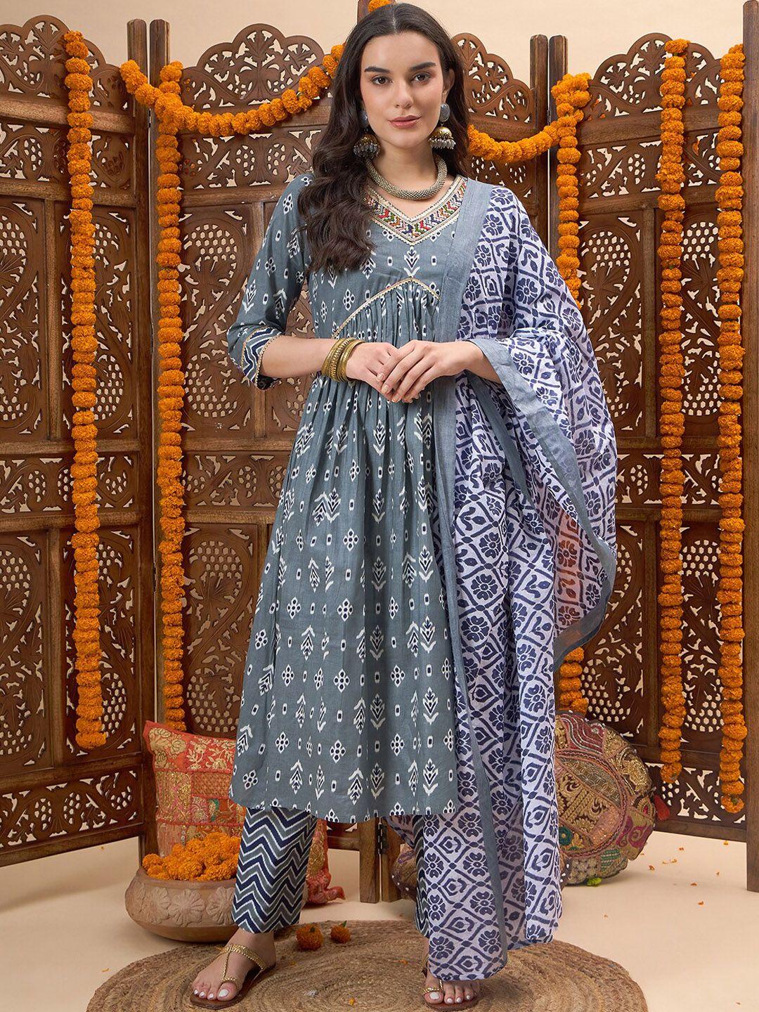 black scissor women grey printed kurta with trousers & with dupatta