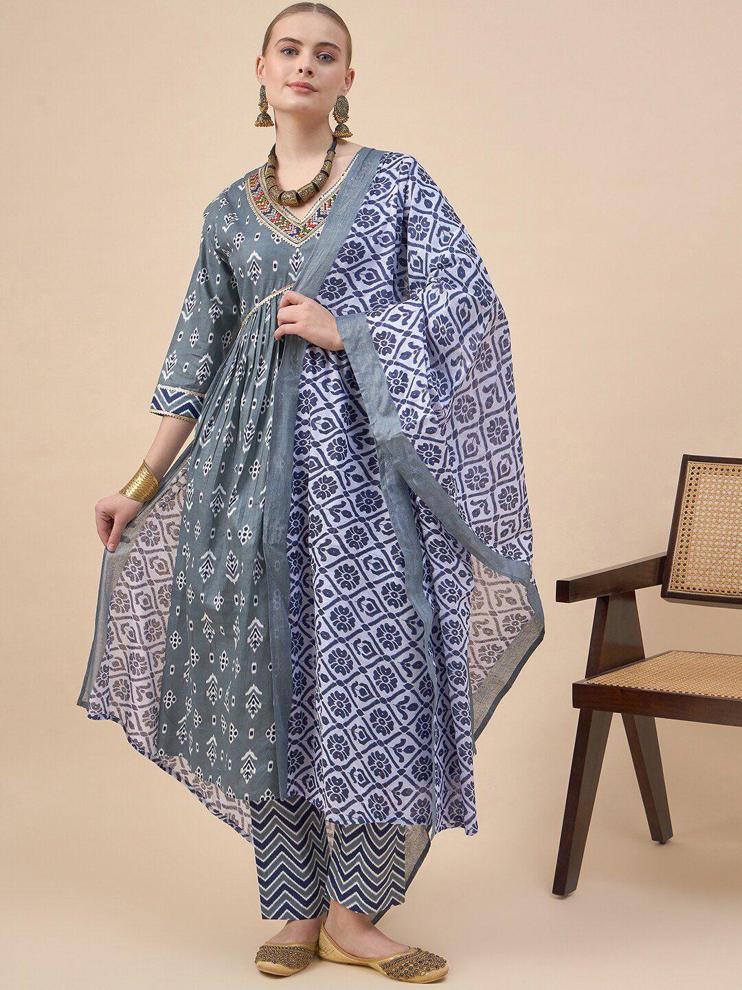 black scissor women grey printed kurta with trousers & with dupatta