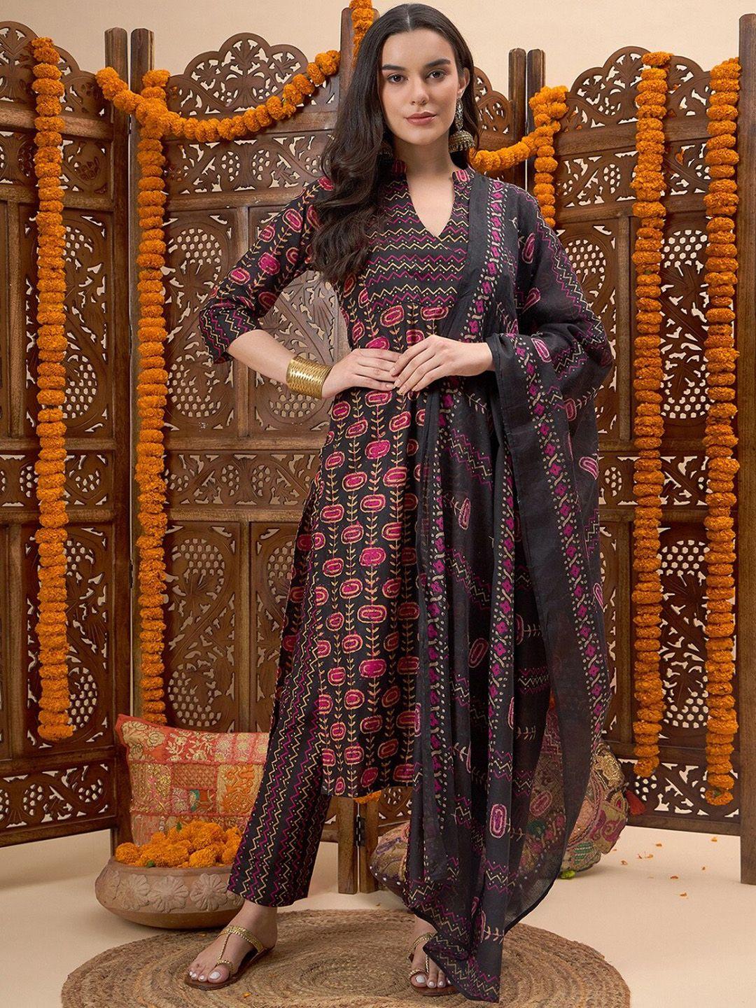 black scissor women multicoloured printed pure cotton kurta with trousers & with dupatta