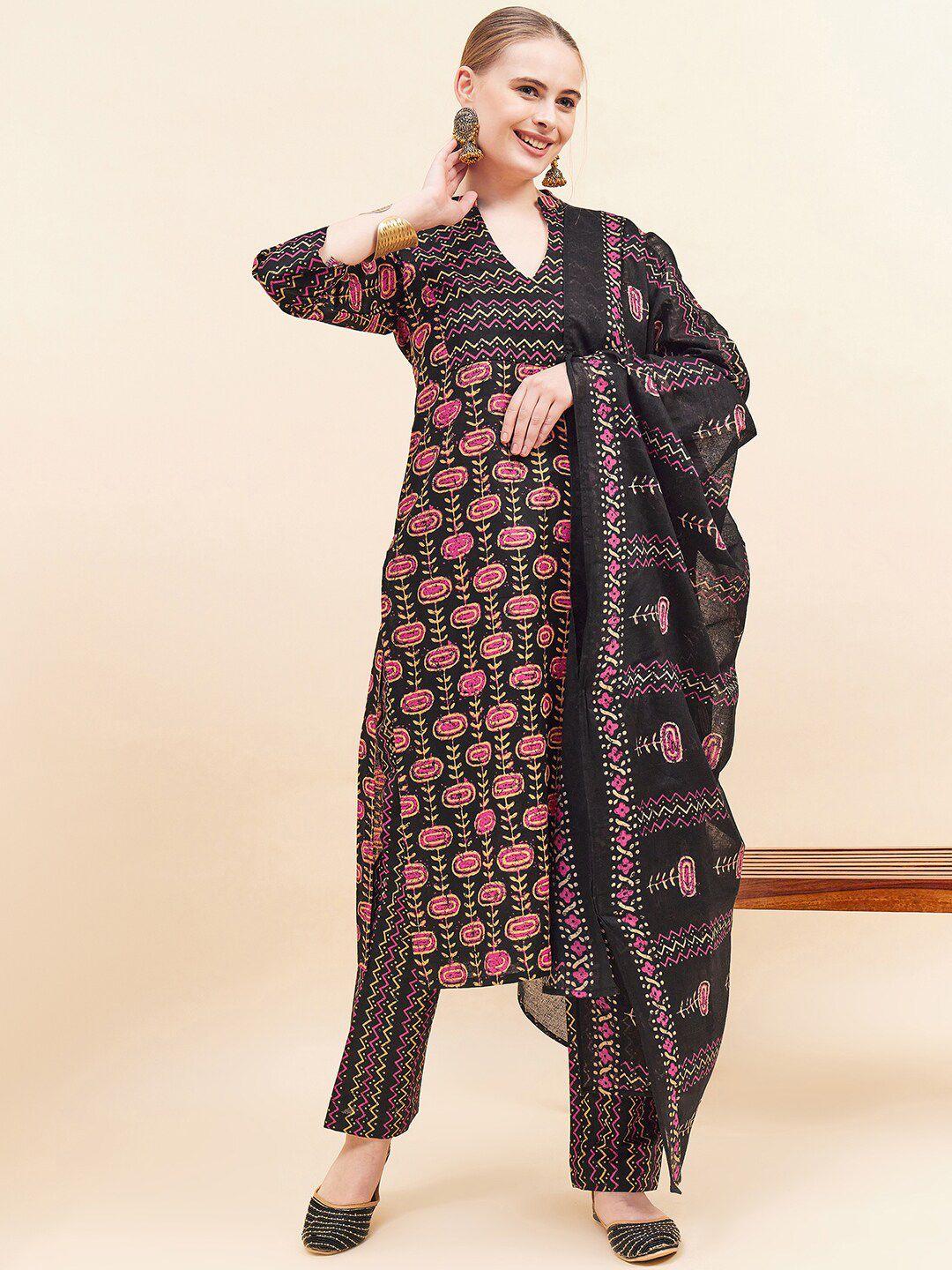 black scissor women multicoloured printed pure cotton kurta with trousers & with dupatta