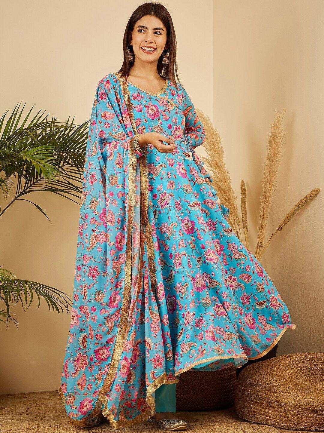 black scissor women turquoise blue bandhani printed regular gotta patti kurta with trousers & with dupatta