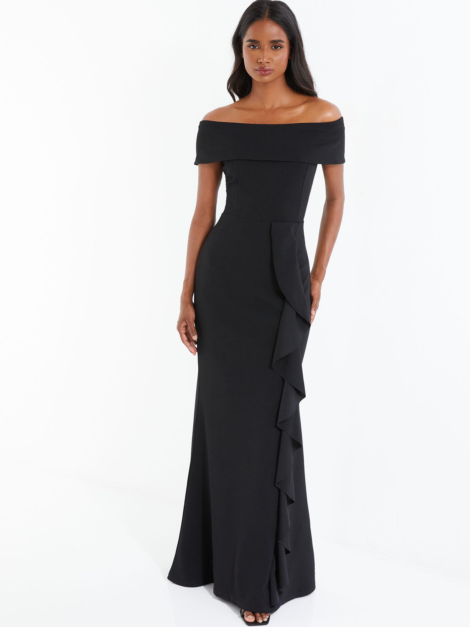 black scuba crepe bardot maxi dress