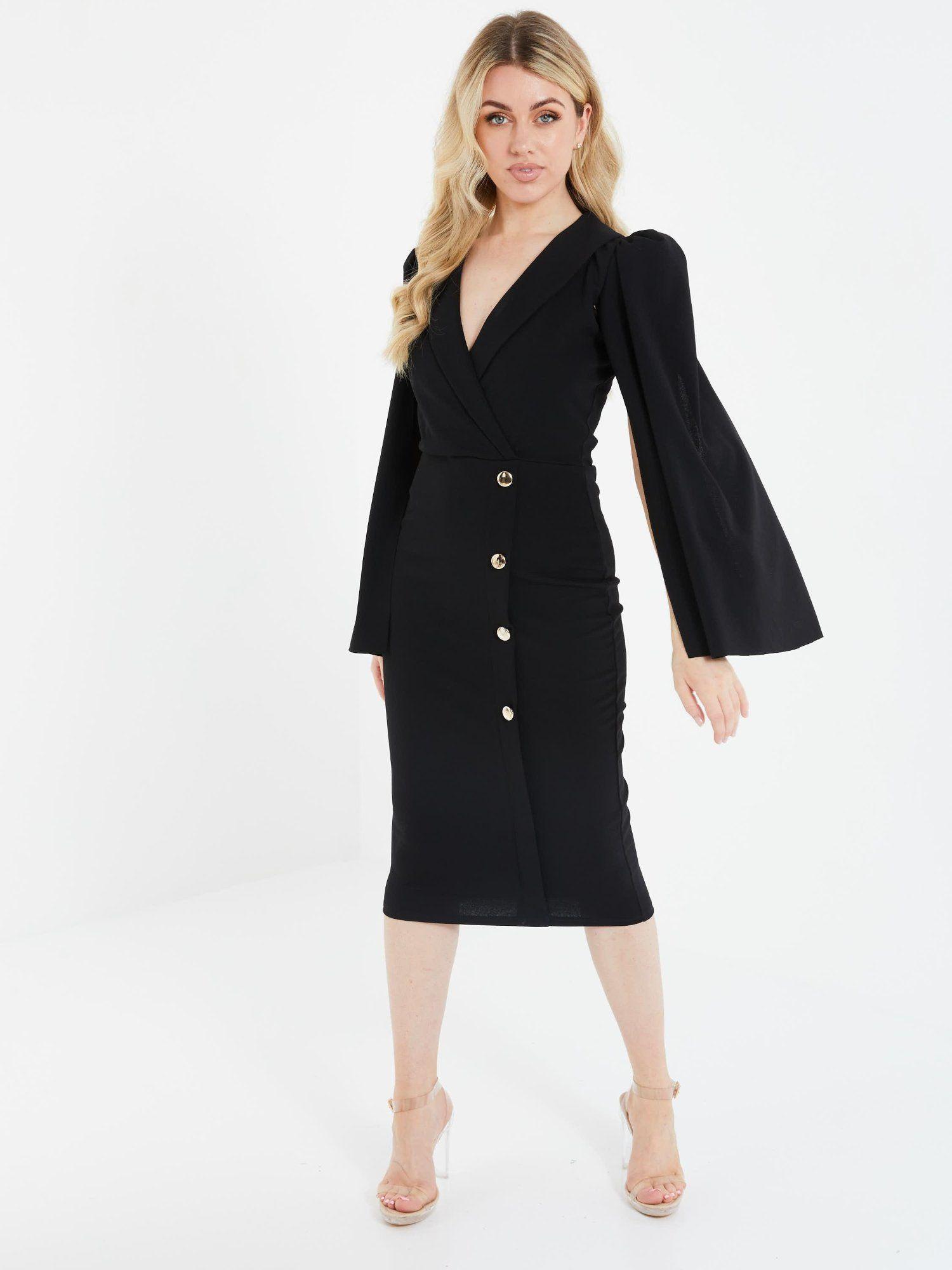 black scuba crepe button detail cape midi dress