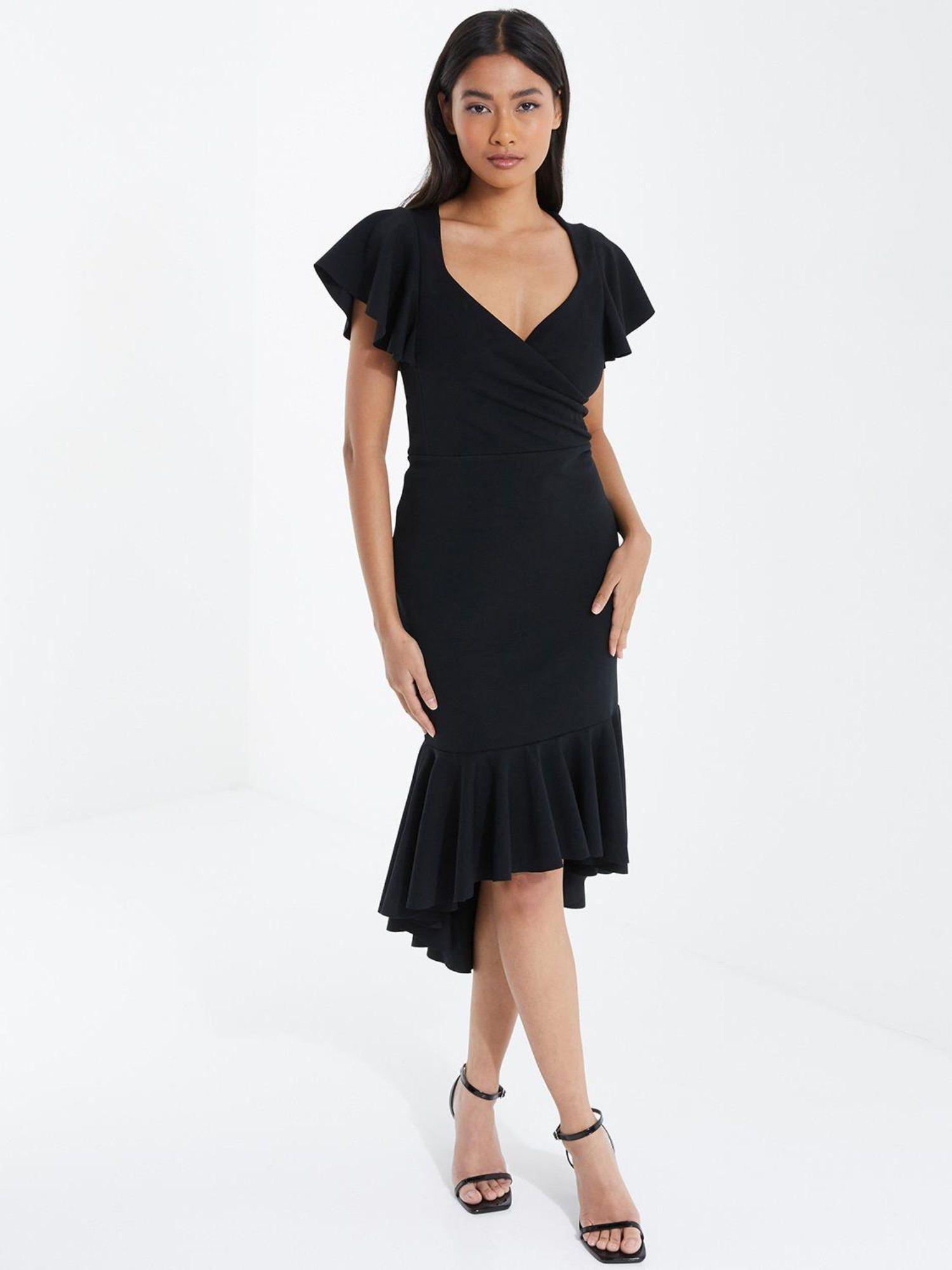 black scuba crepe frill hem wrap dress