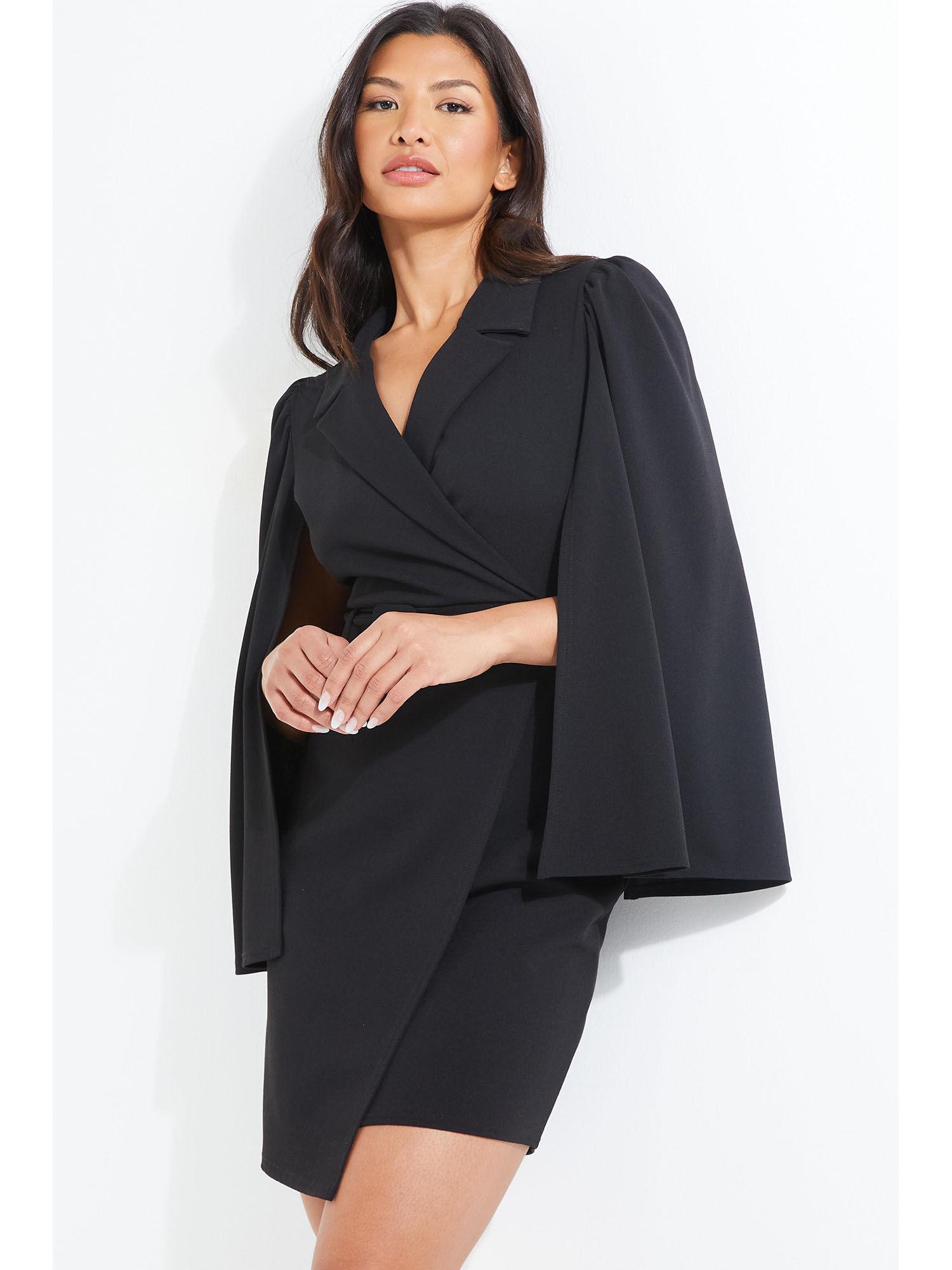 black scuba crepe midi dress with buckle detail & cape sleeve (set of 2)