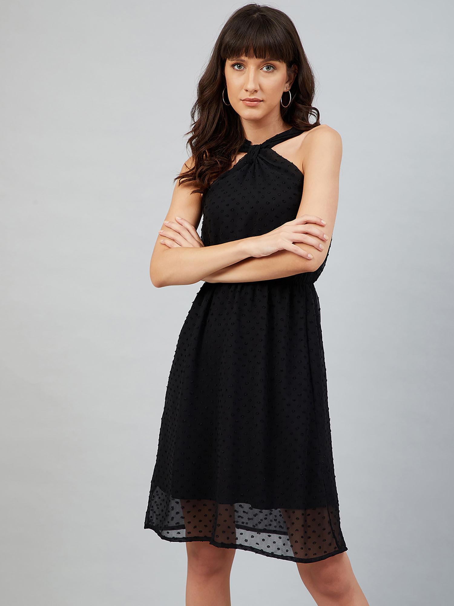 black self design a-line mini dress