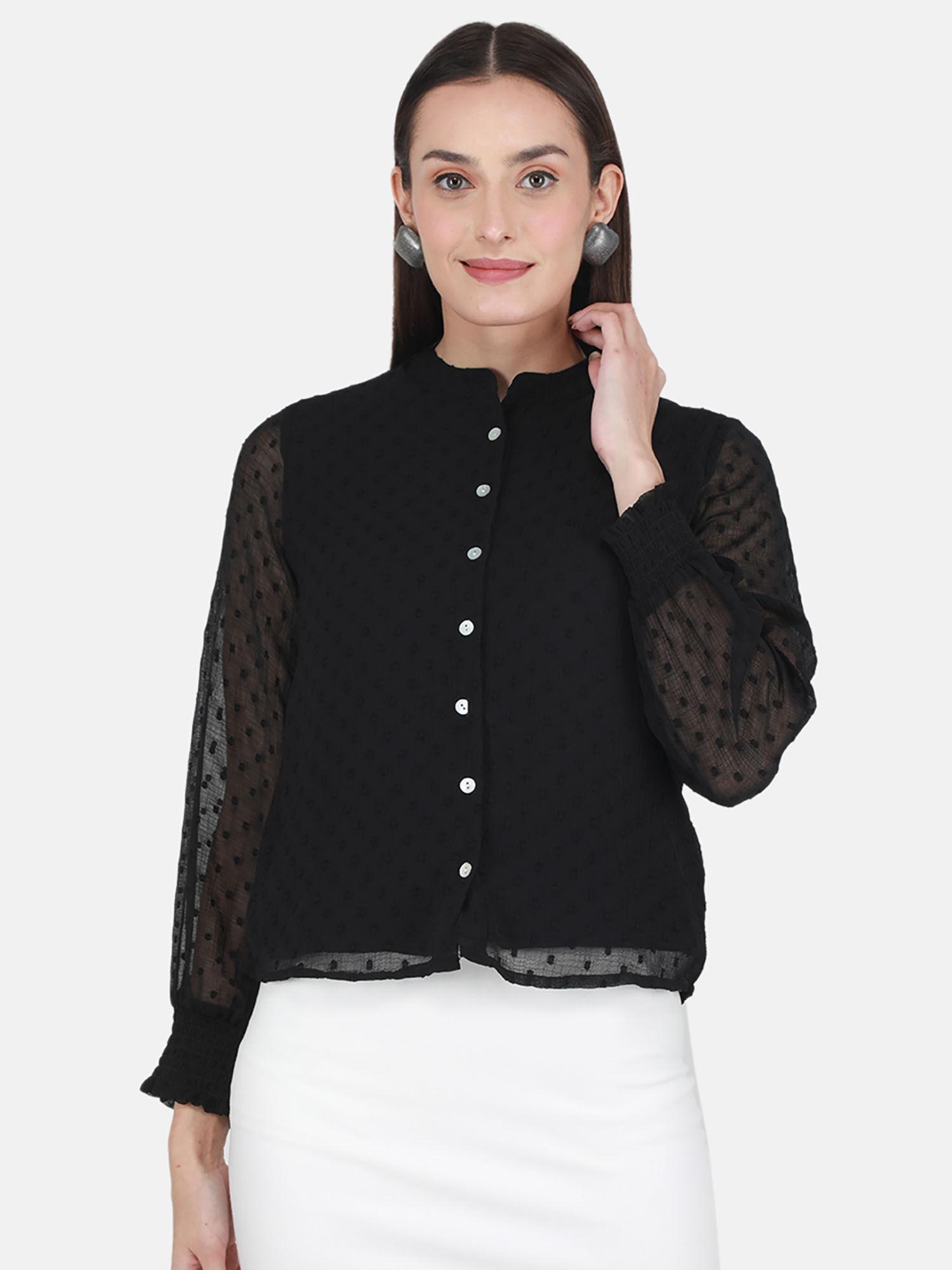 black self design band collar top