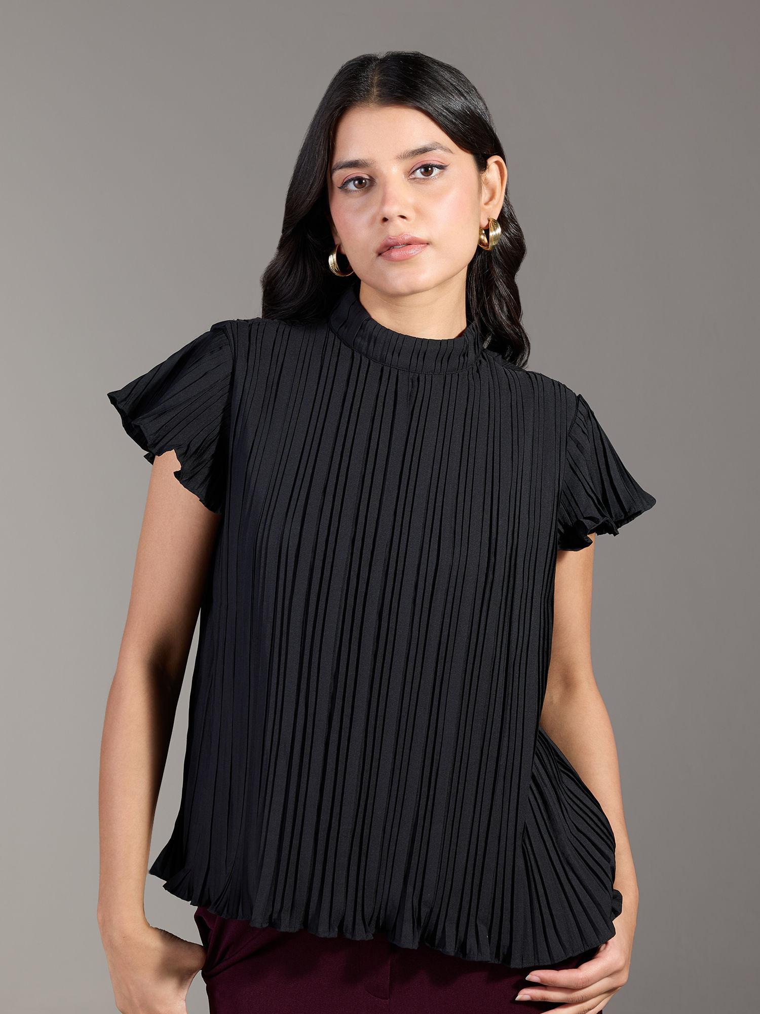 black self design high neck flared sleeves pleated top