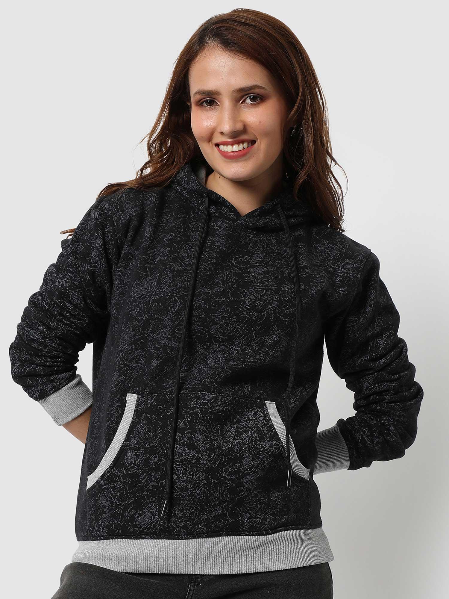 black self-design hooded cotton jacket