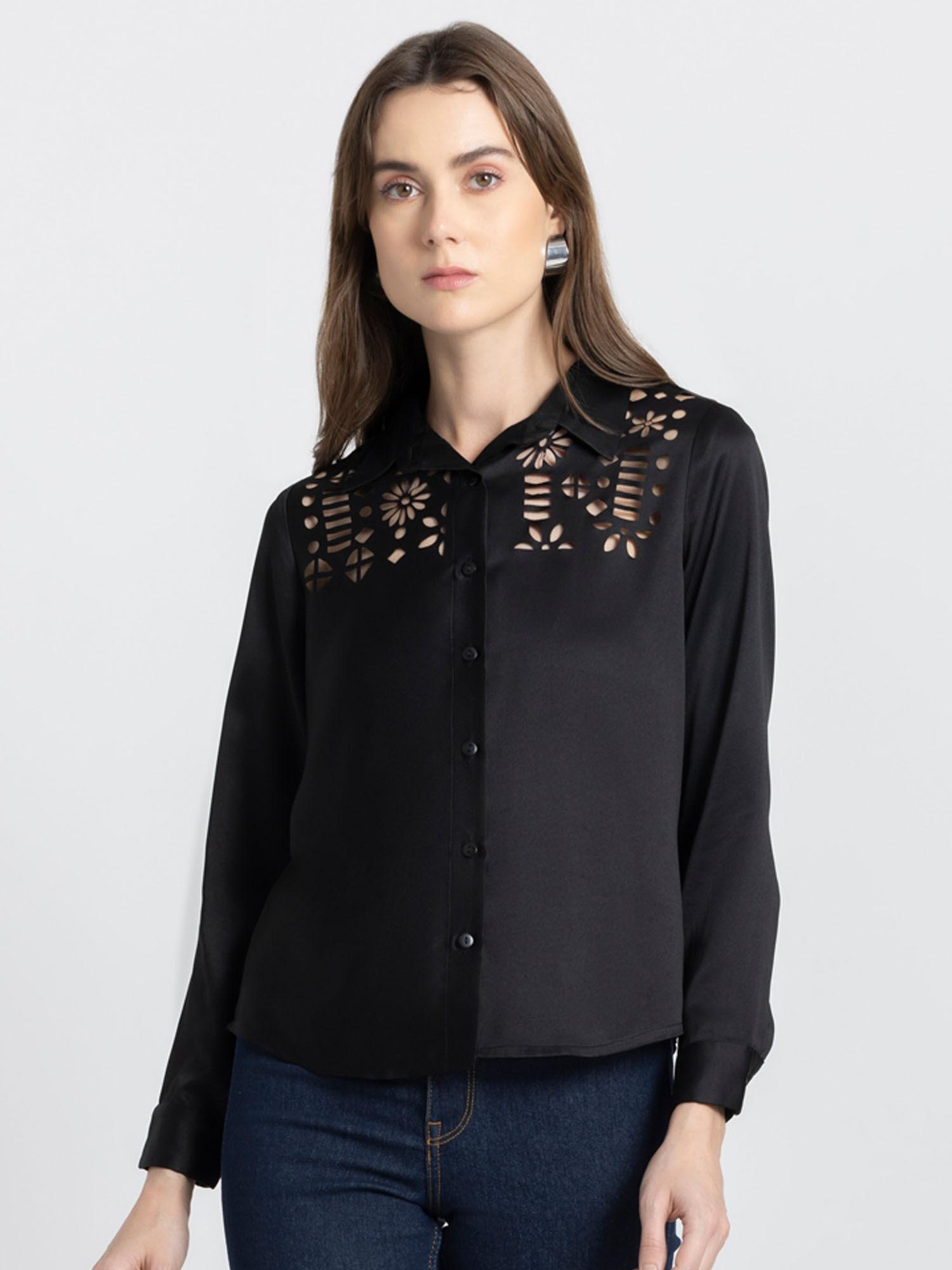 black self design long sleeves party shirts for women