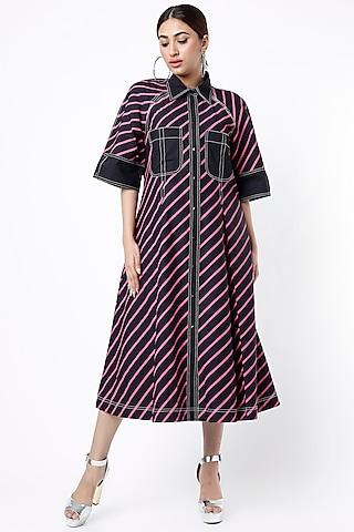 black self-striped shirt dress