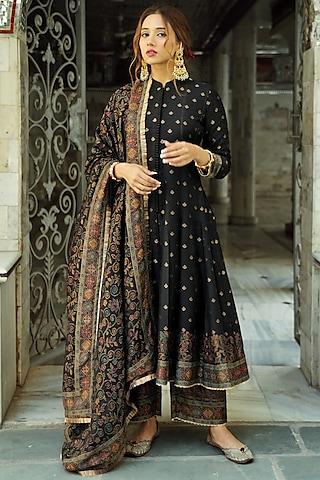 black self woven vegan silk kanthakari anarkali set