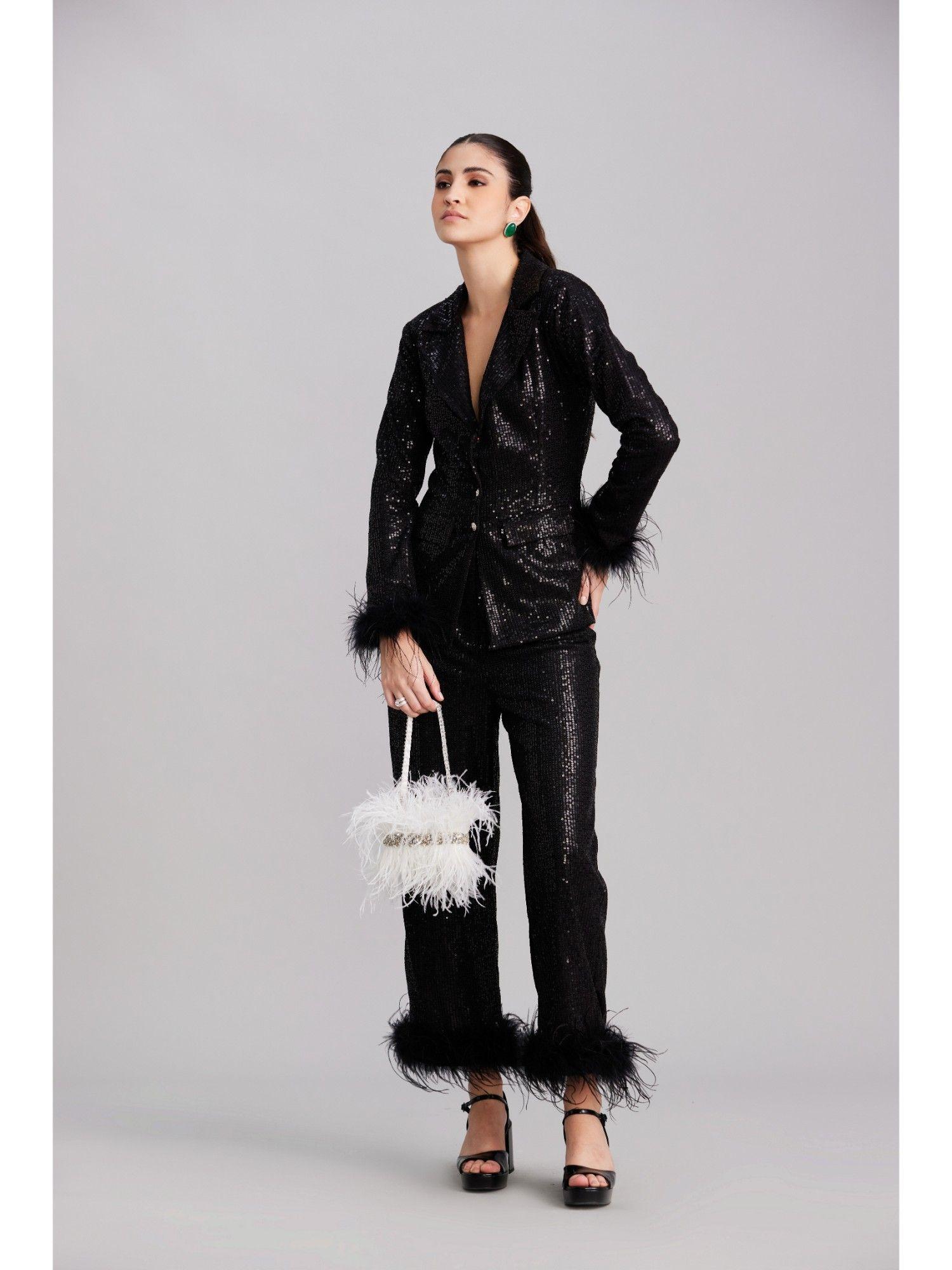 black sequin & feather blazer pants (set of 2)