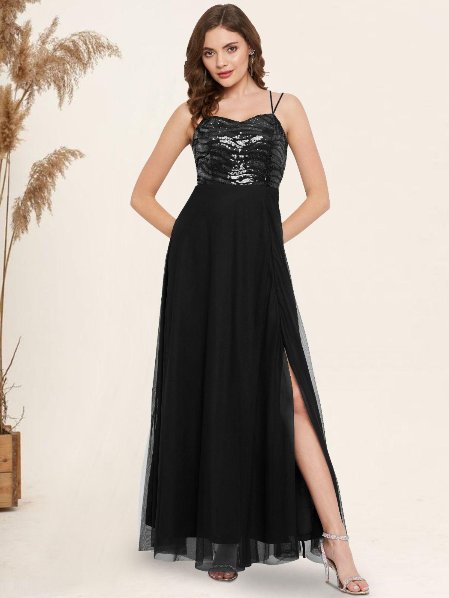 black sequin and net double strap gown