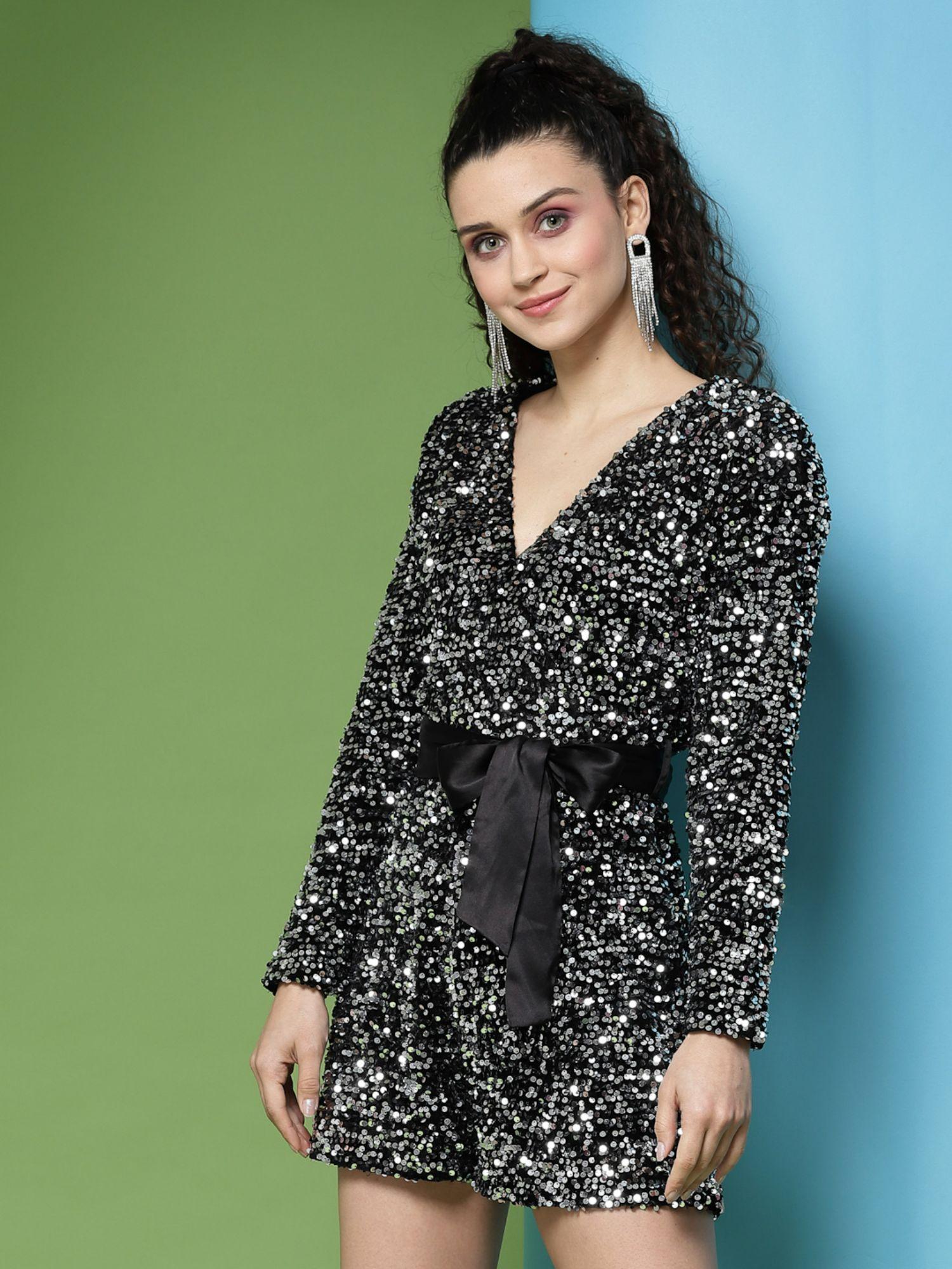 black sequin embroided party playsuit (set of 2)