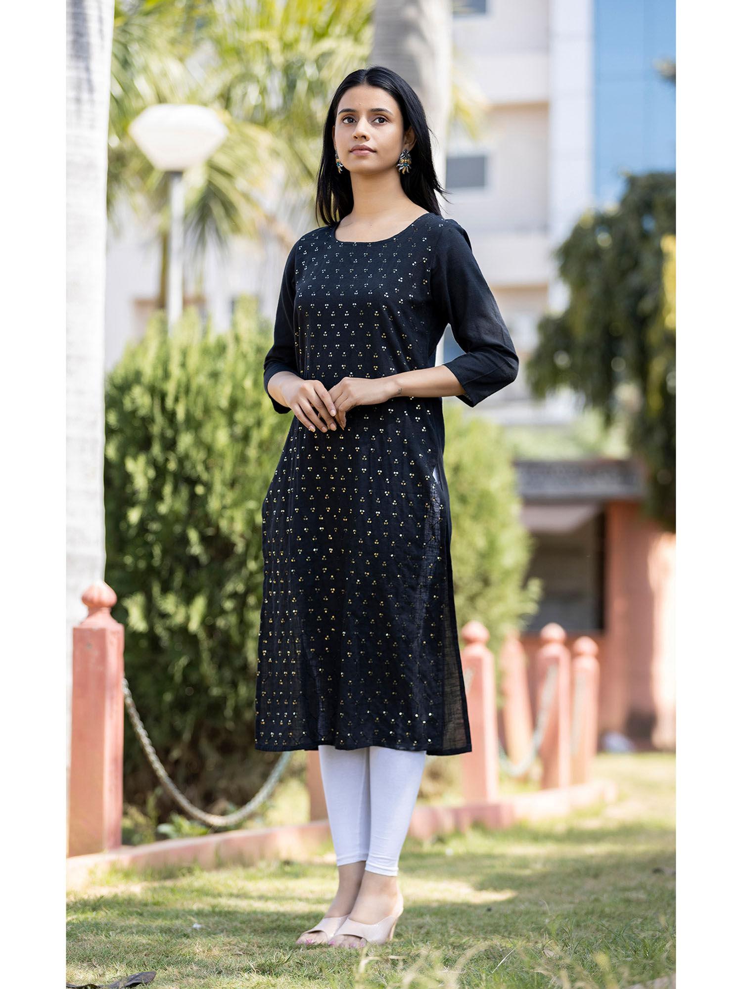 black sequin embroidered cotton kurta