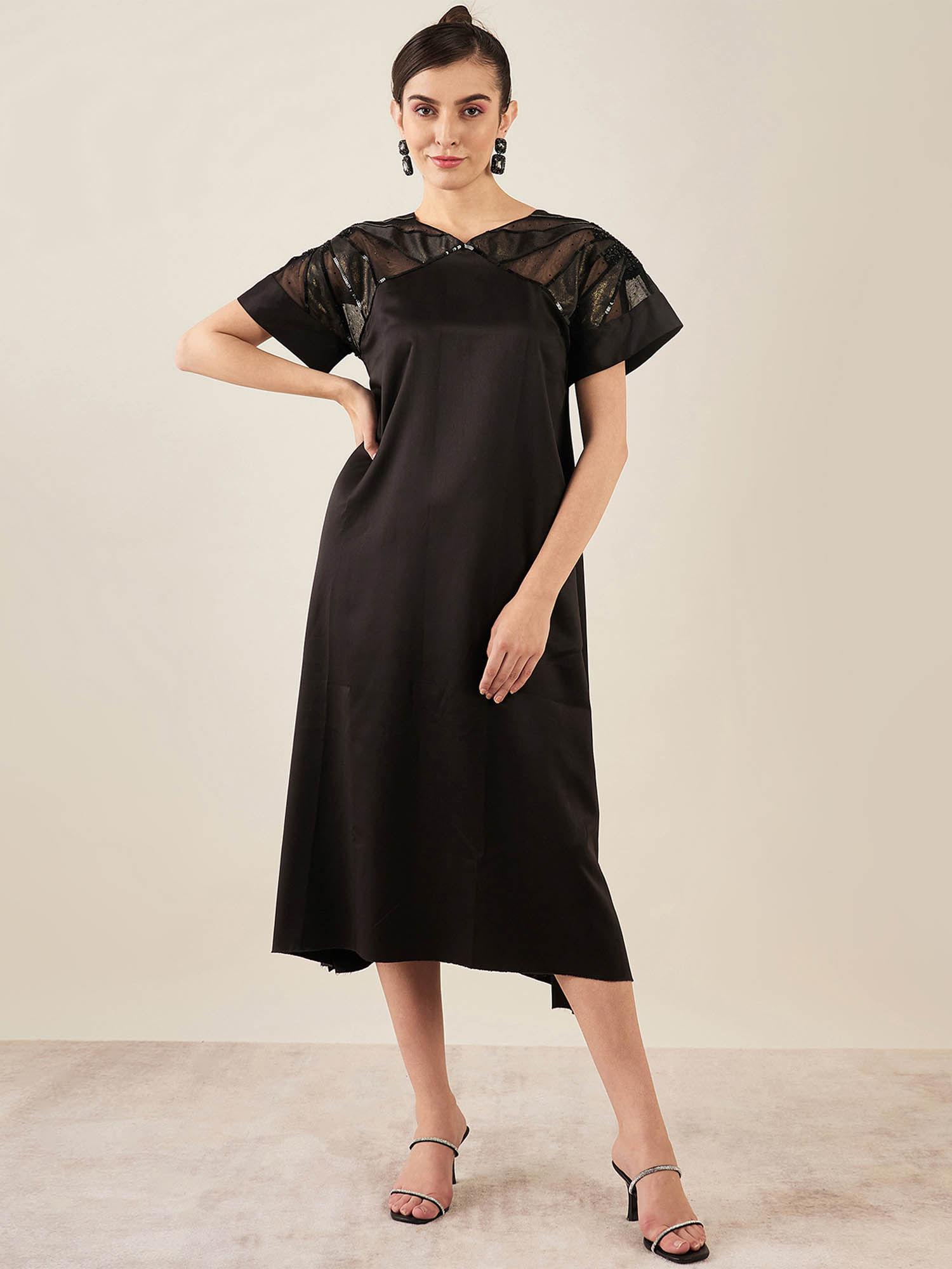 black sequin embroidered mid length dress