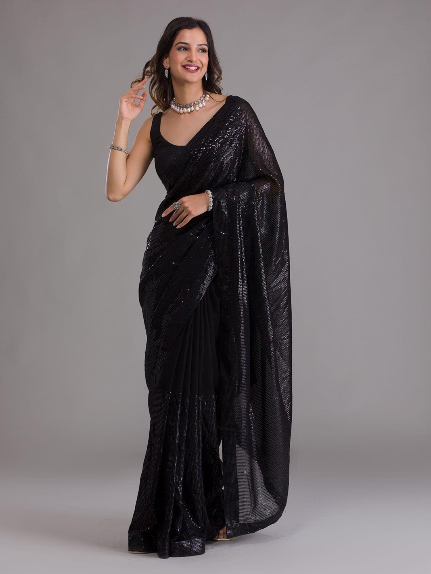 black sequin georgette saree with unstitched blouse