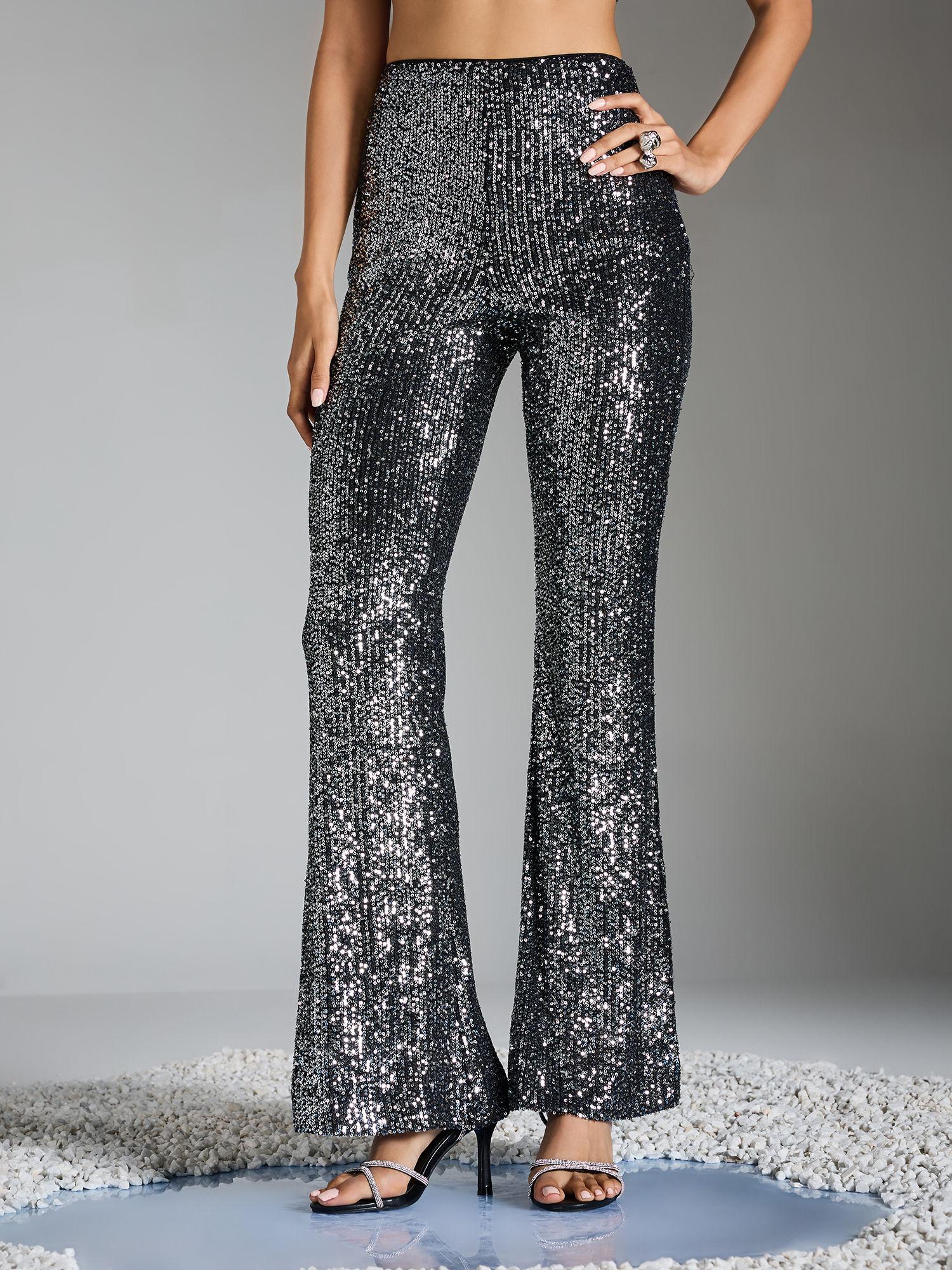black sequin high waist fit and flared pants