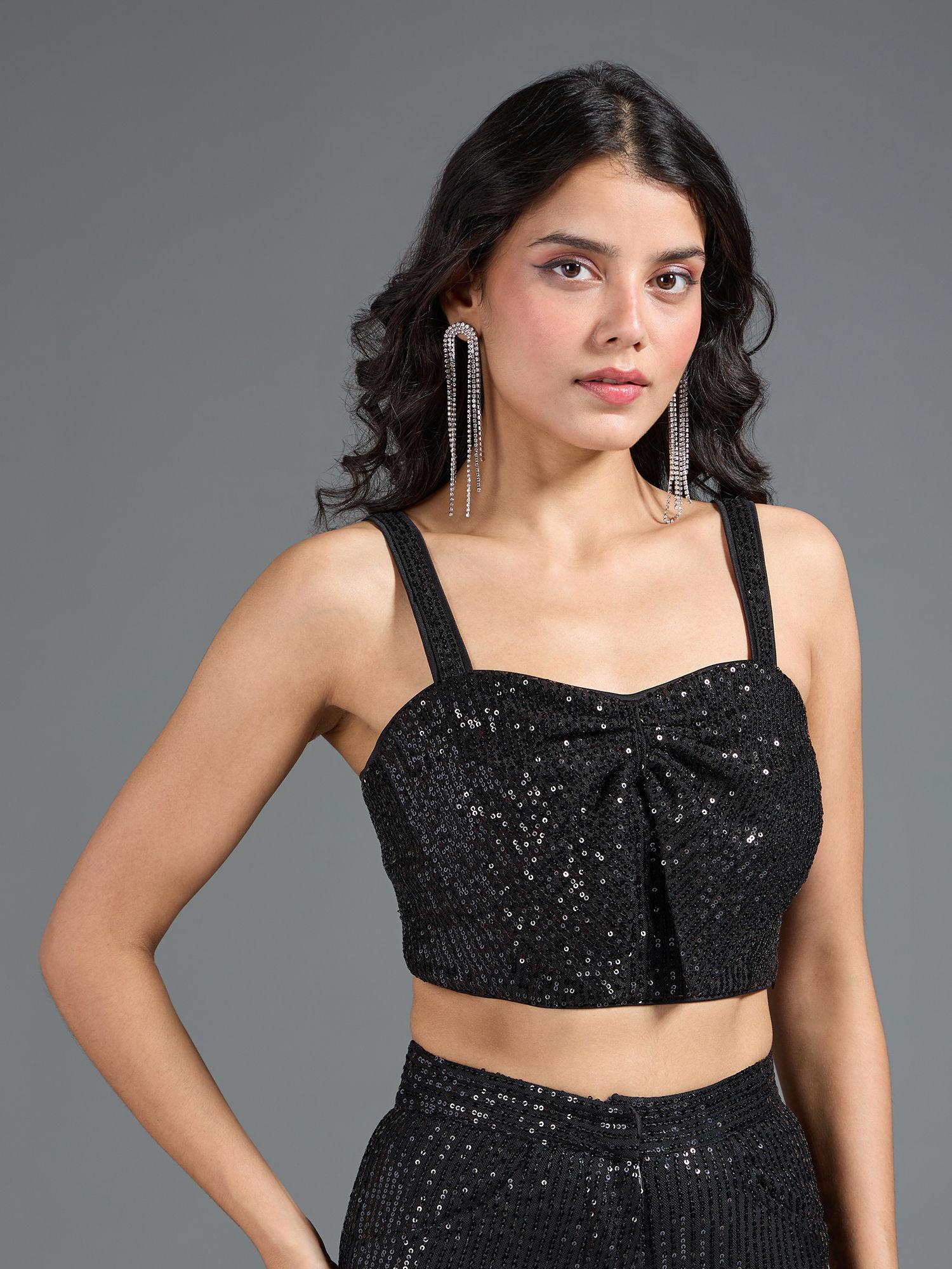 black sequin square neck bow detail crop top