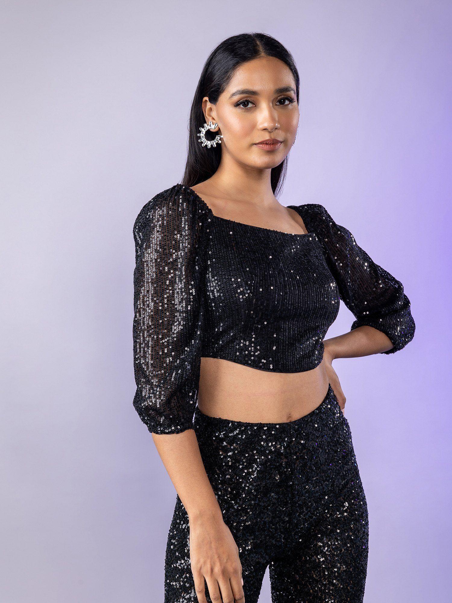 black sequin square neck short top