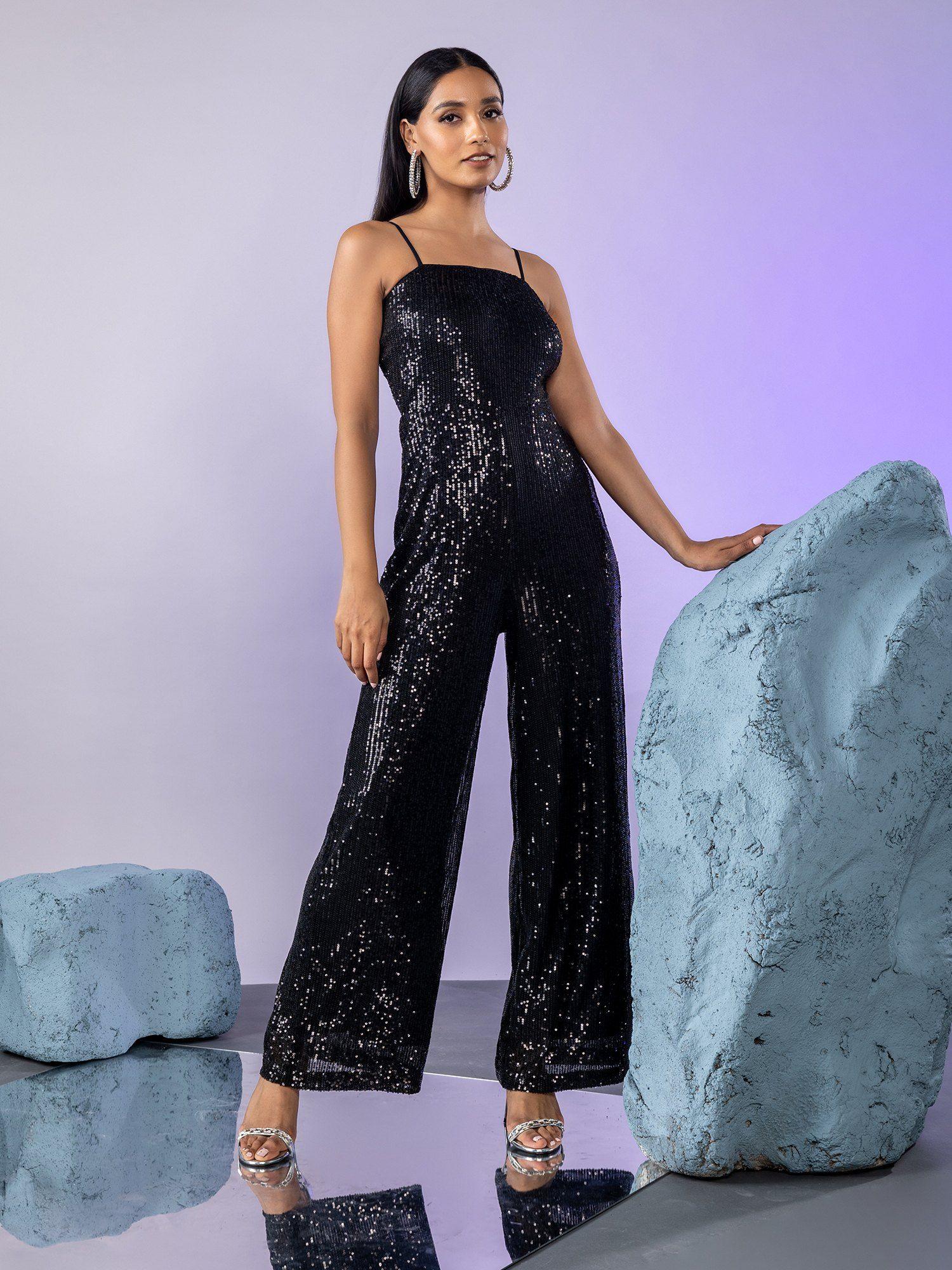 black sequin strappy jumpsuit