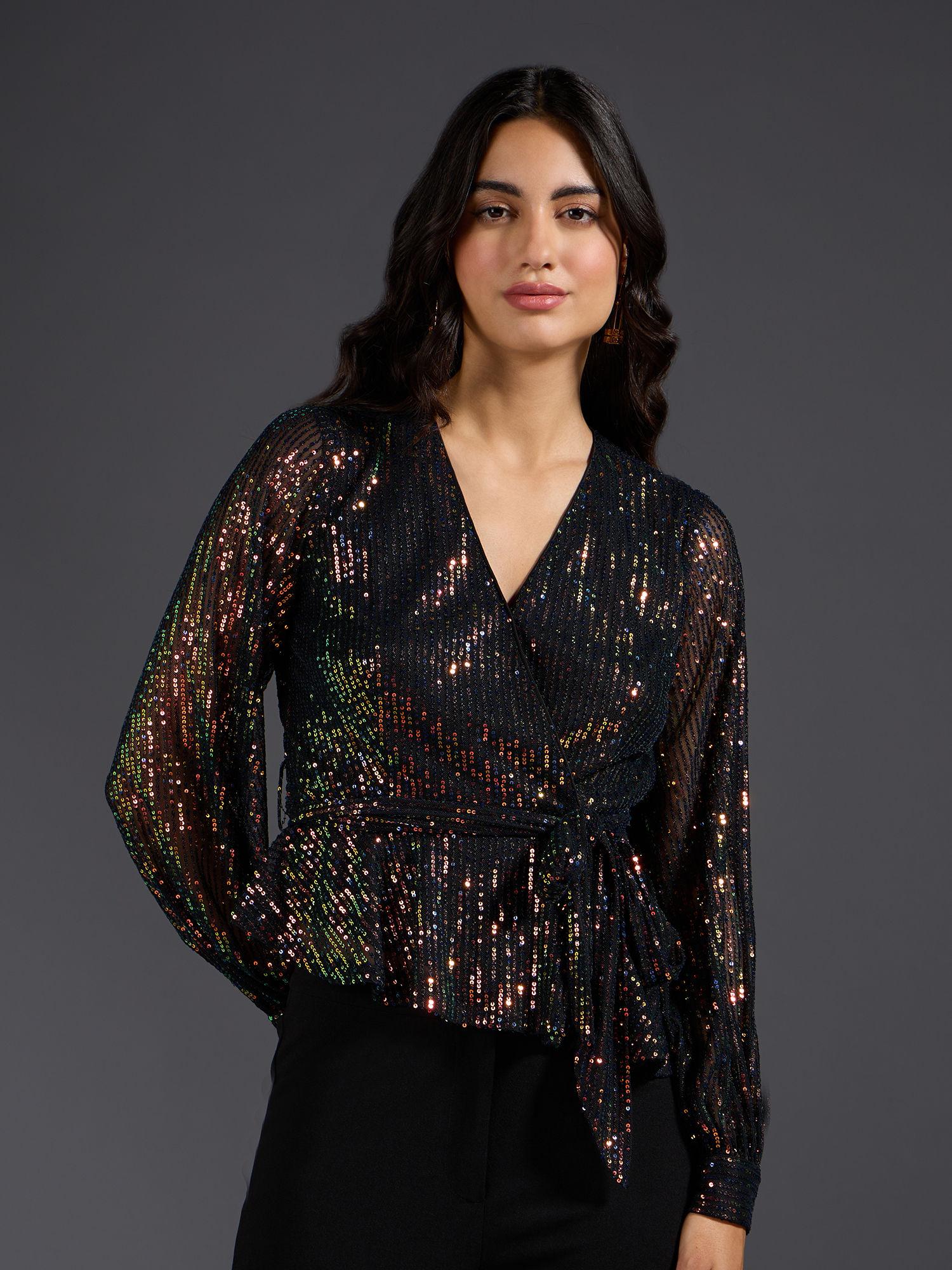 black sequin v neck asymmetric wrap top