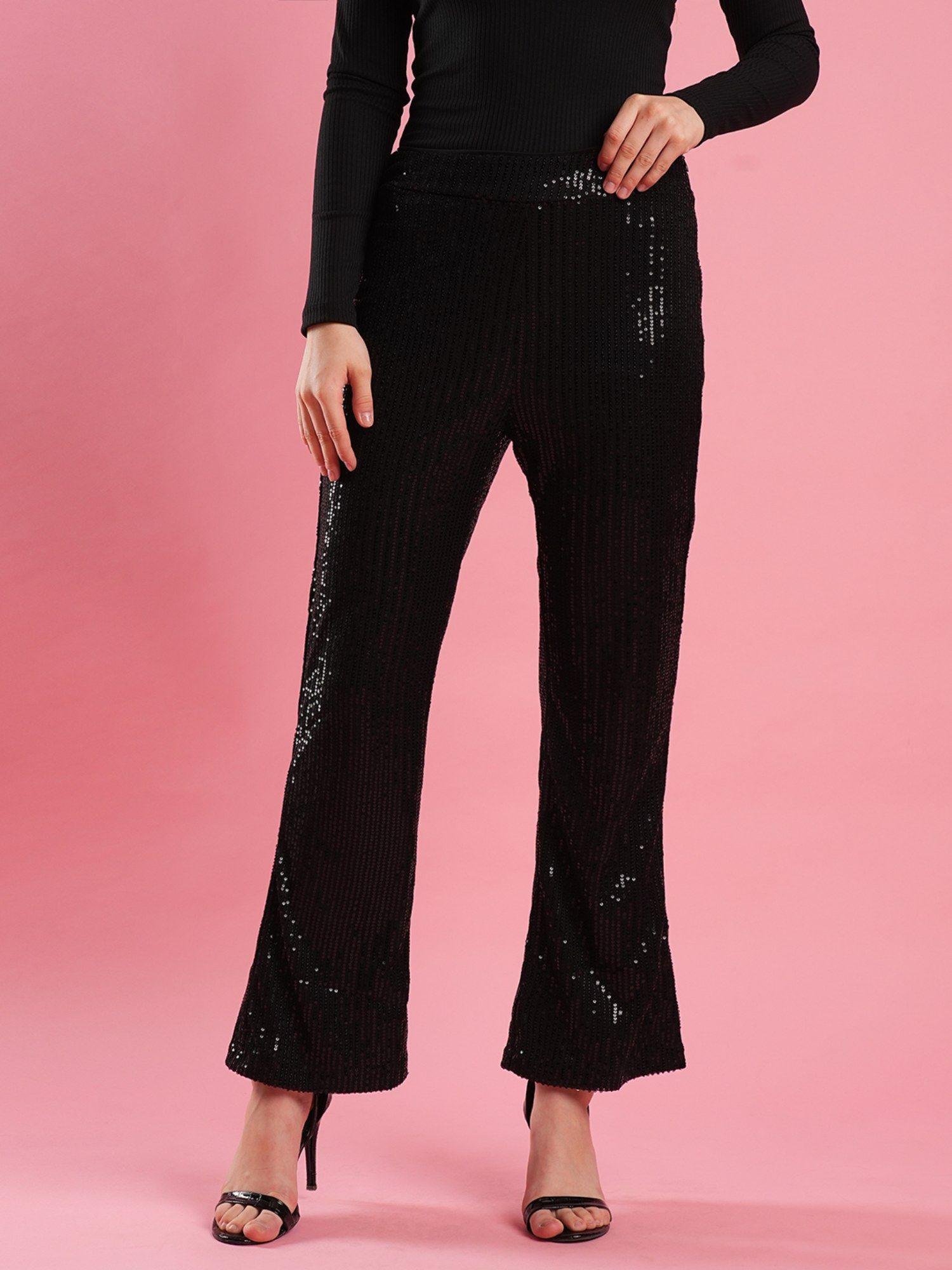 black sequined mid rise flared hem boot cut party trouser