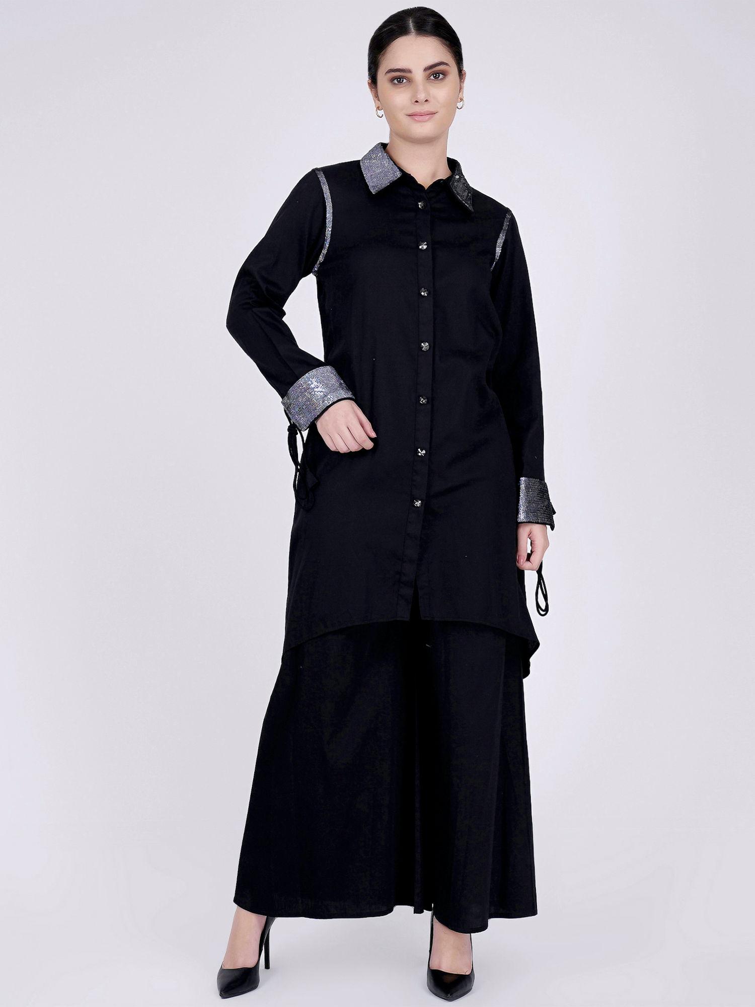 black sequined shirt dress and wide leg pants