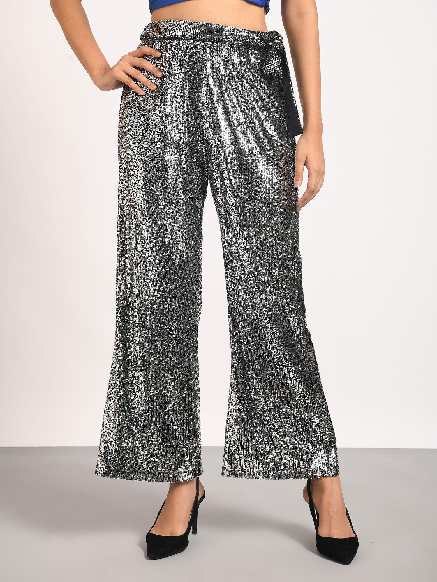 black sequined tulle high rise pants