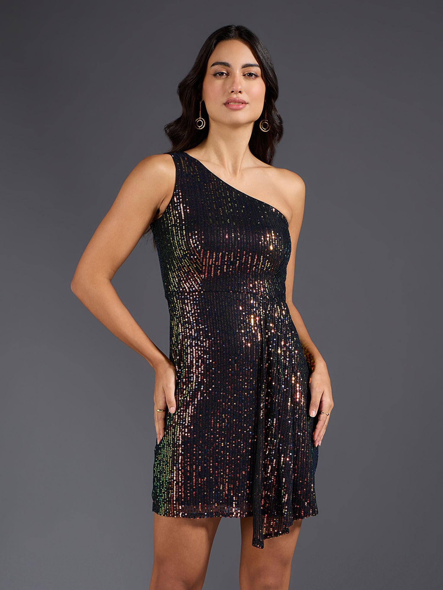 black sequinned one shoulder a line short dress