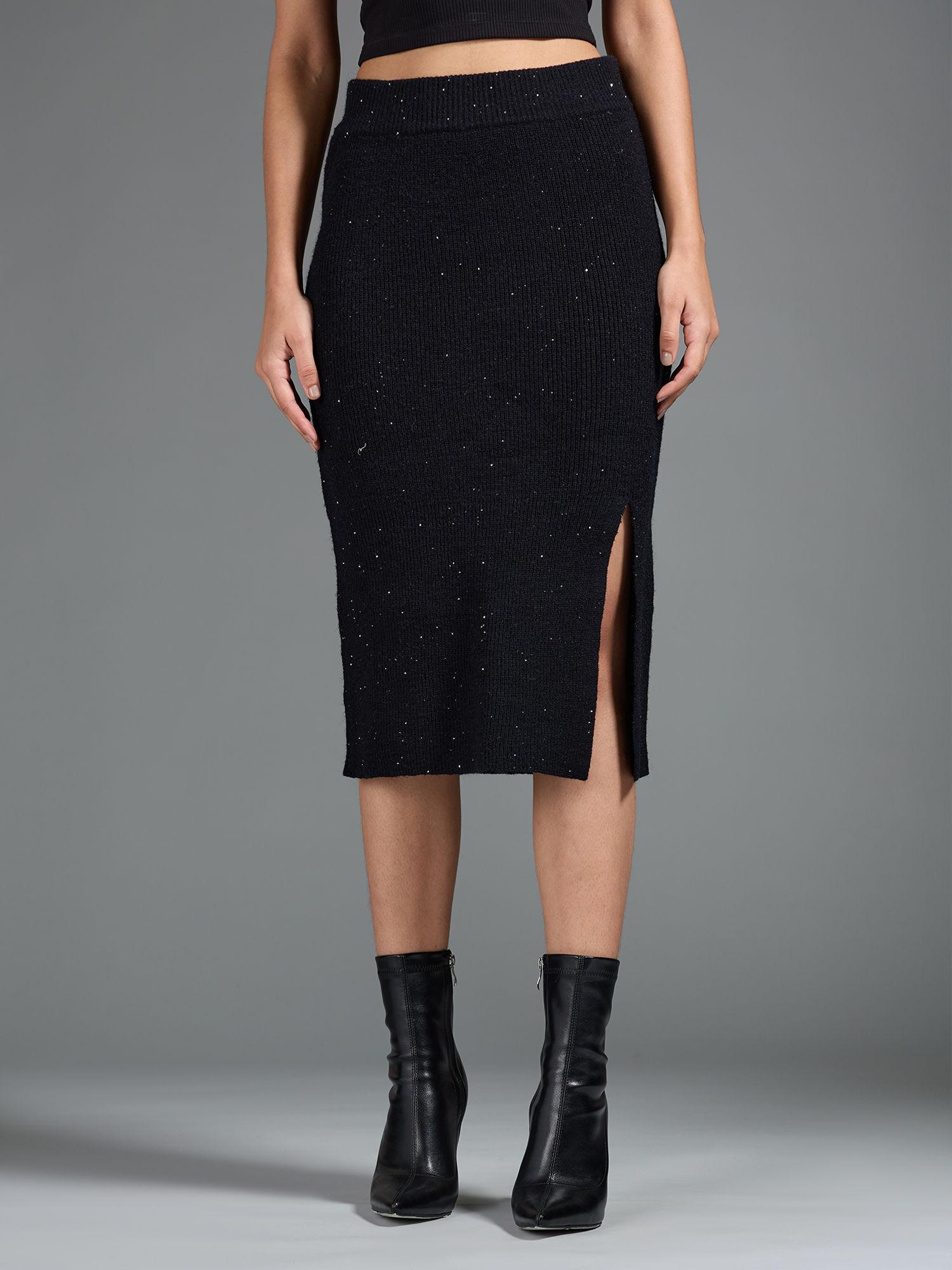 black sequinned sheath fit midi sweater skirt