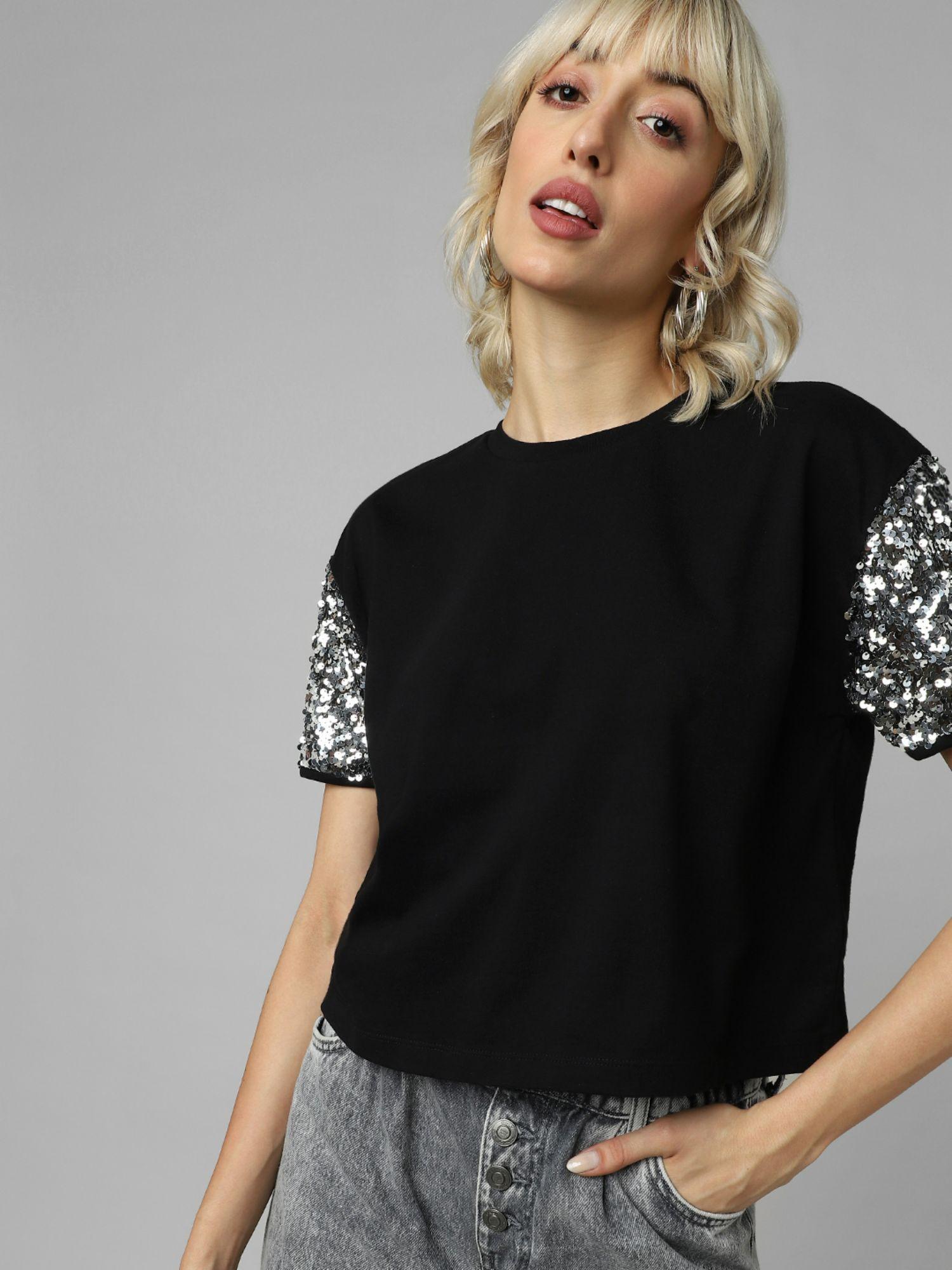 black sequinned sleeves knit top