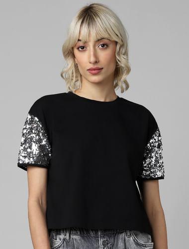 black sequinned sleeves knit top