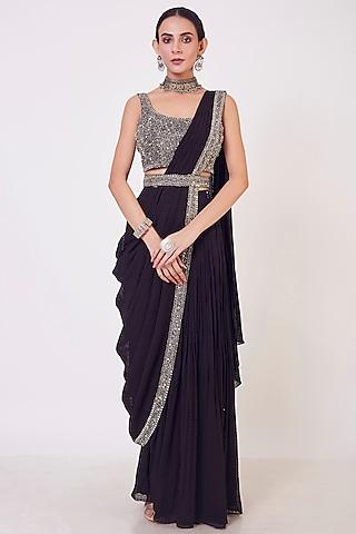 black sequins embellished draped saree set