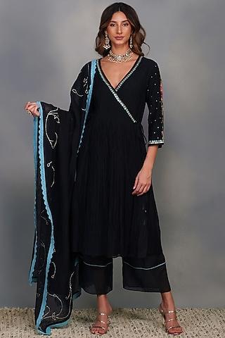 black sequins embroidered angrakha kurta set
