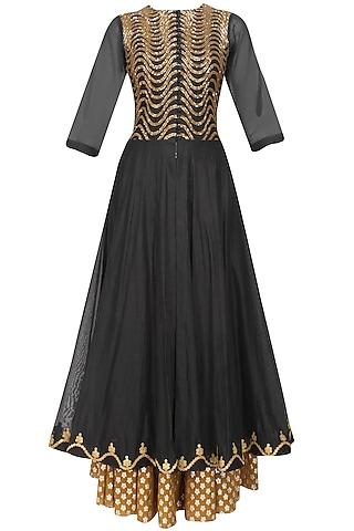 black sequins embroidered kalidaar kurta and gold brocade skirt with golden scarf