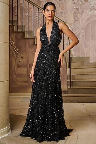 black sequins fabric swarovski embroidered sculpted gown