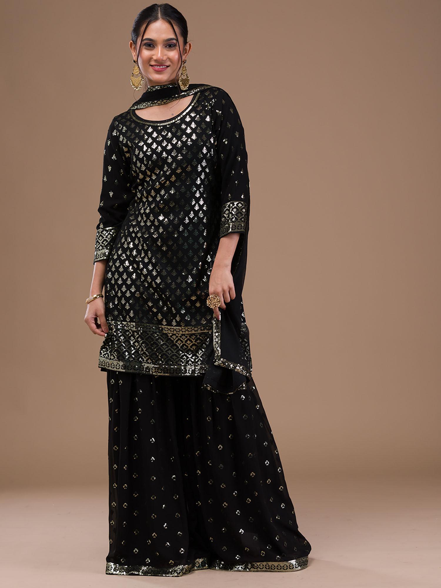 black sequins georgette readymade kurta with sharara & dupatta (set of 3)