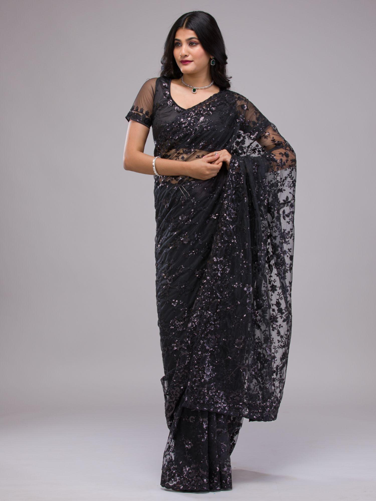 black sequins net saree with unstitched blouse