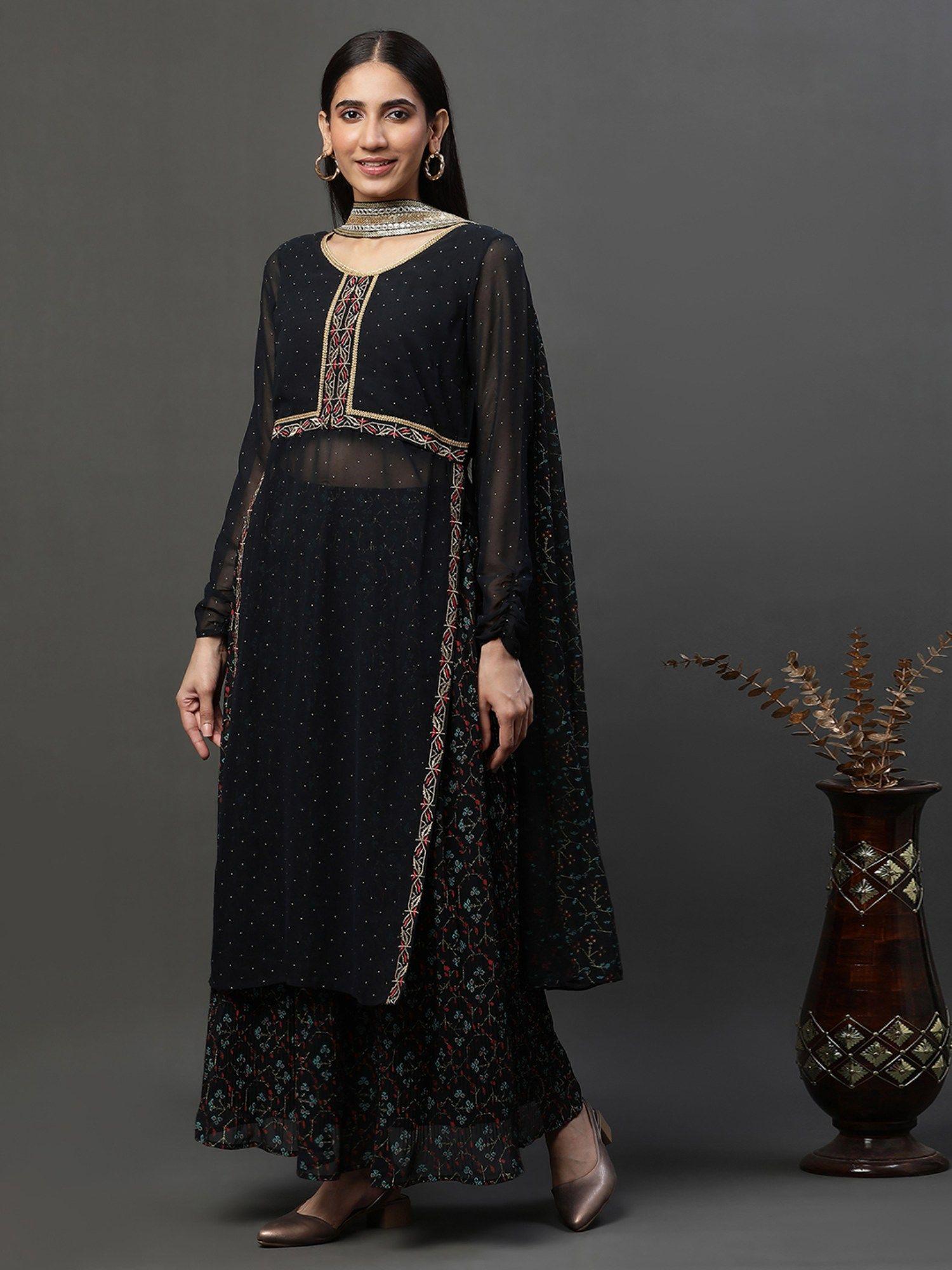 black sheer embroidered high-slit kurta with skirt and choker dupatta (set of 3)