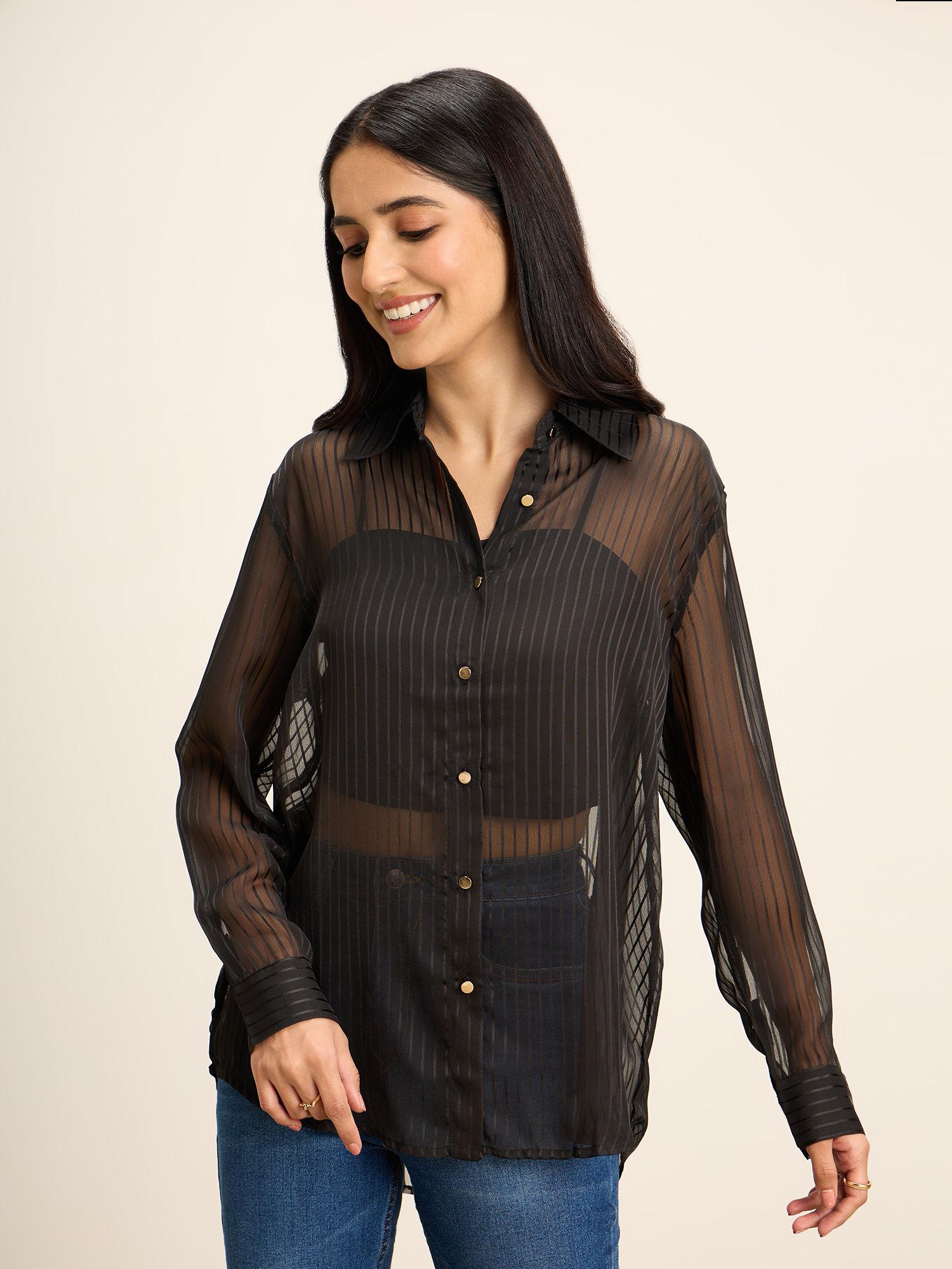 black sheer full sleeves shirt with inner