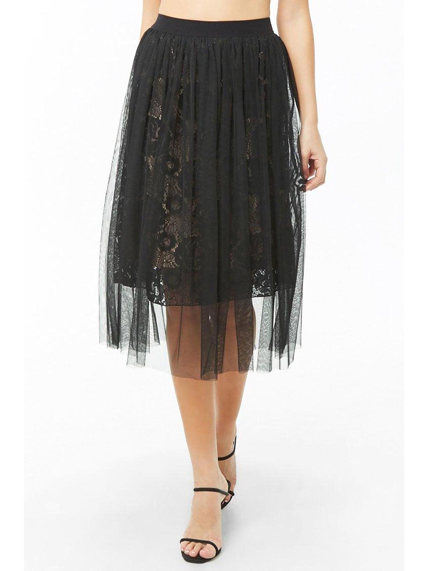 black sheer mesh embroidered-lace midi skirt