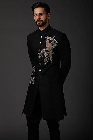 black sherwani in matka silk