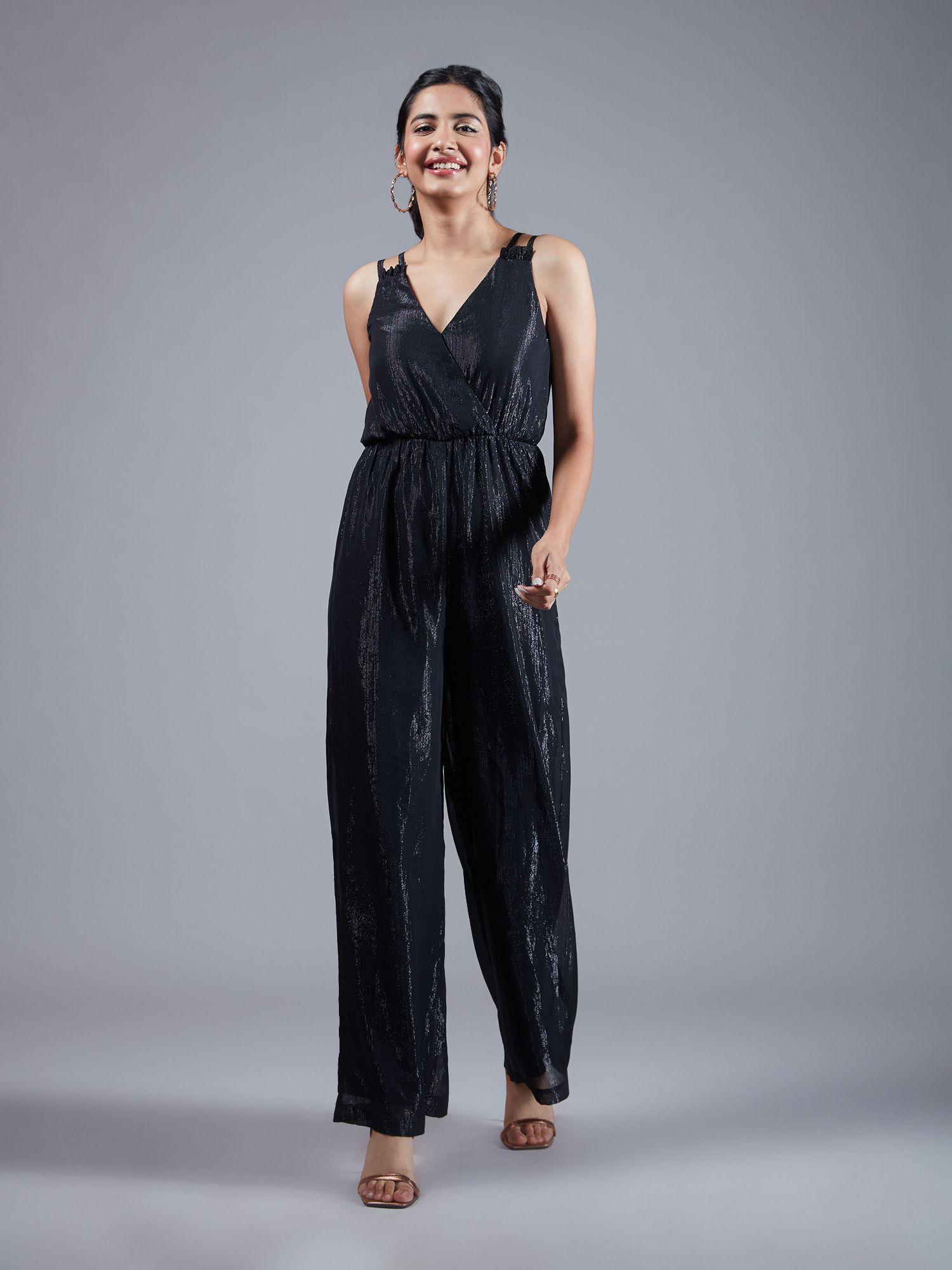 black shimmer double strap wide leg jumpsuit